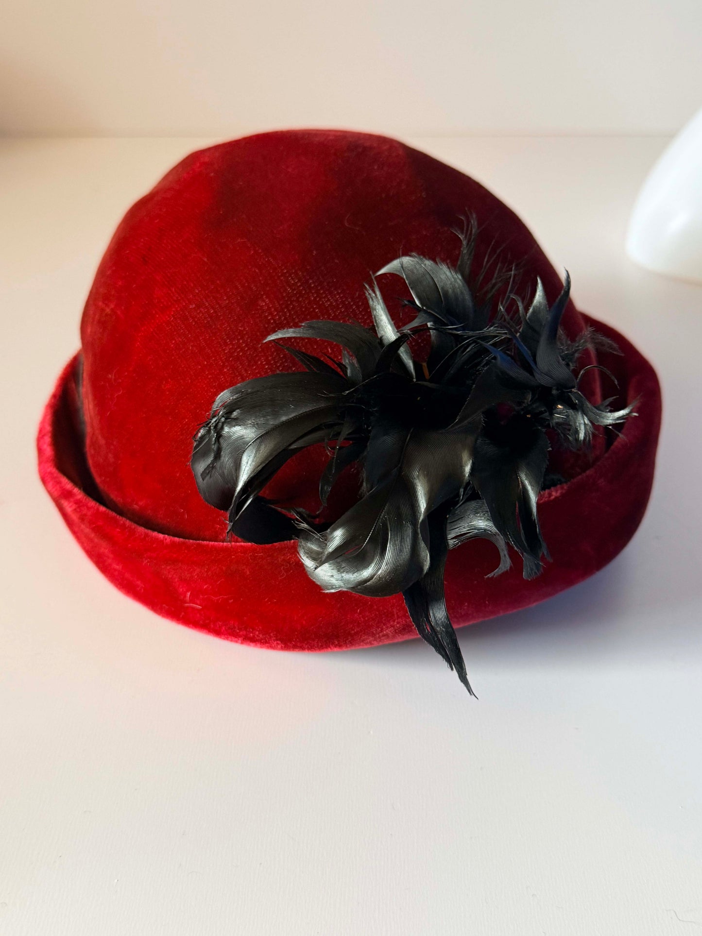 Vintage 1940s Red Velvet Hat Black Feather Trim Sculpted Brim Tilt Hat Cocktail Hat WWII Era Millinery