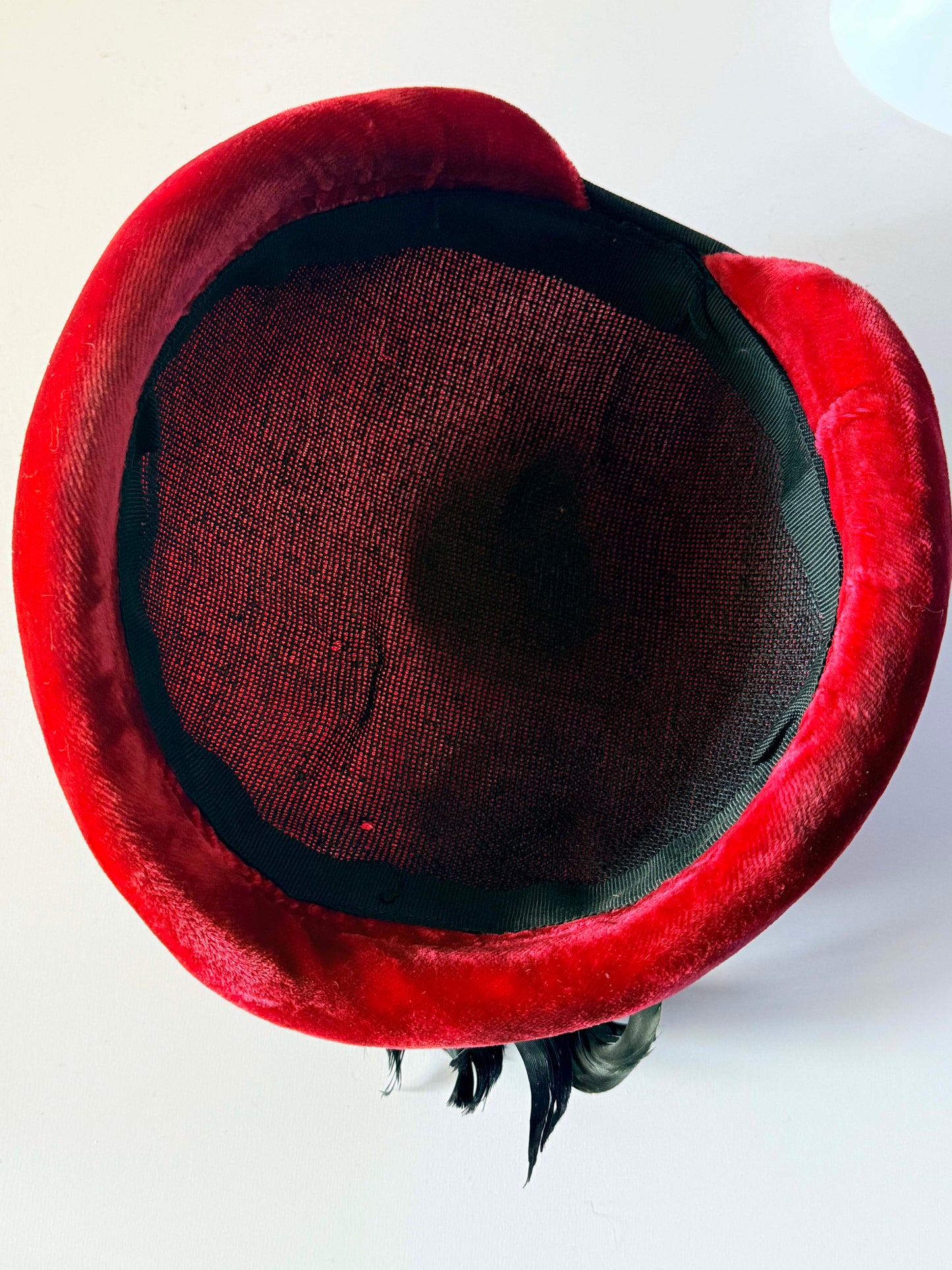Vintage 1940s Red Velvet Hat Black Feather Trim Sculpted Brim Tilt Hat Cocktail Hat WWII Era Millinery