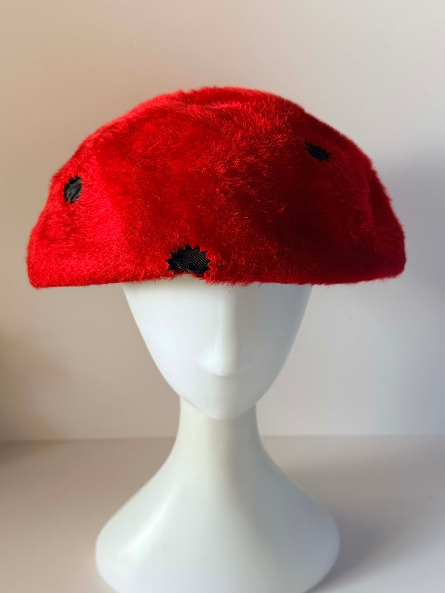 Vintage 1960s Mr John Jr Ladybug Hat Red Black Polka Dot Furry Felt Mod Designer Hat Mid Century Millinery