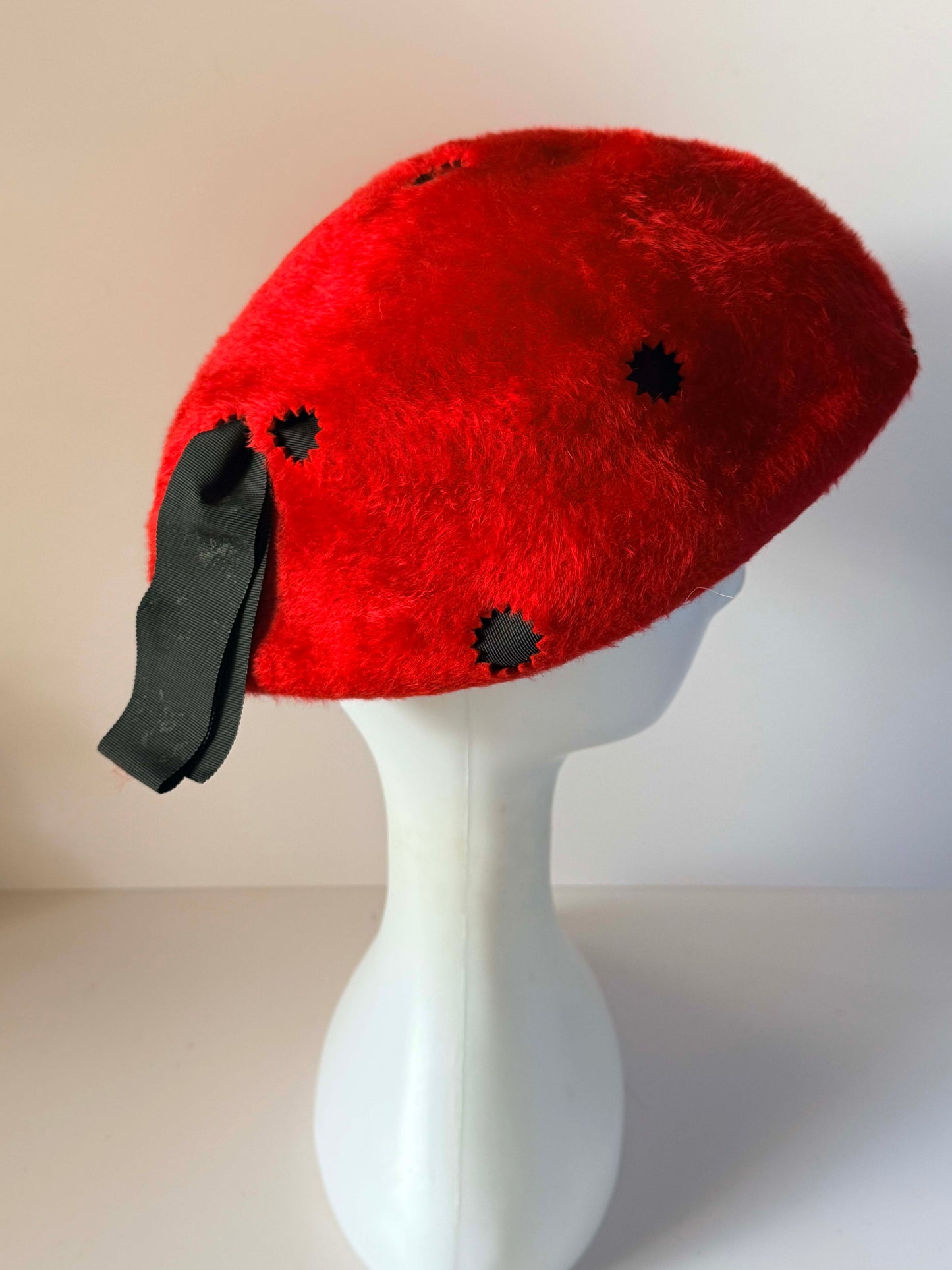 Vintage 1960s Mr John Jr Ladybug Hat Red Black Polka Dot Furry Felt Mod Designer Hat Mid Century Millinery