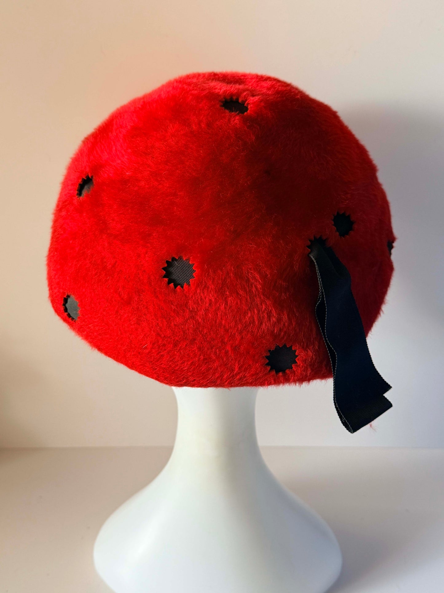 Vintage 1960s Mr John Jr Ladybug Hat Red Black Polka Dot Furry Felt Mod Designer Hat Mid Century Millinery