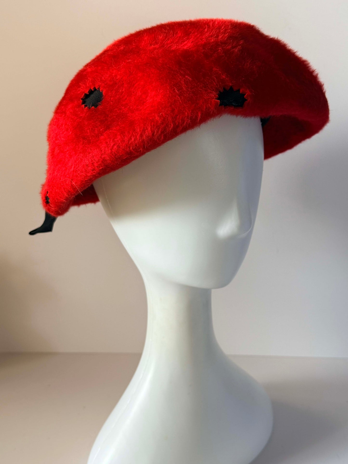 Vintage 1960s Mr John Jr Ladybug Hat Red Black Polka Dot Furry Felt Mod Designer Hat Mid Century Millinery