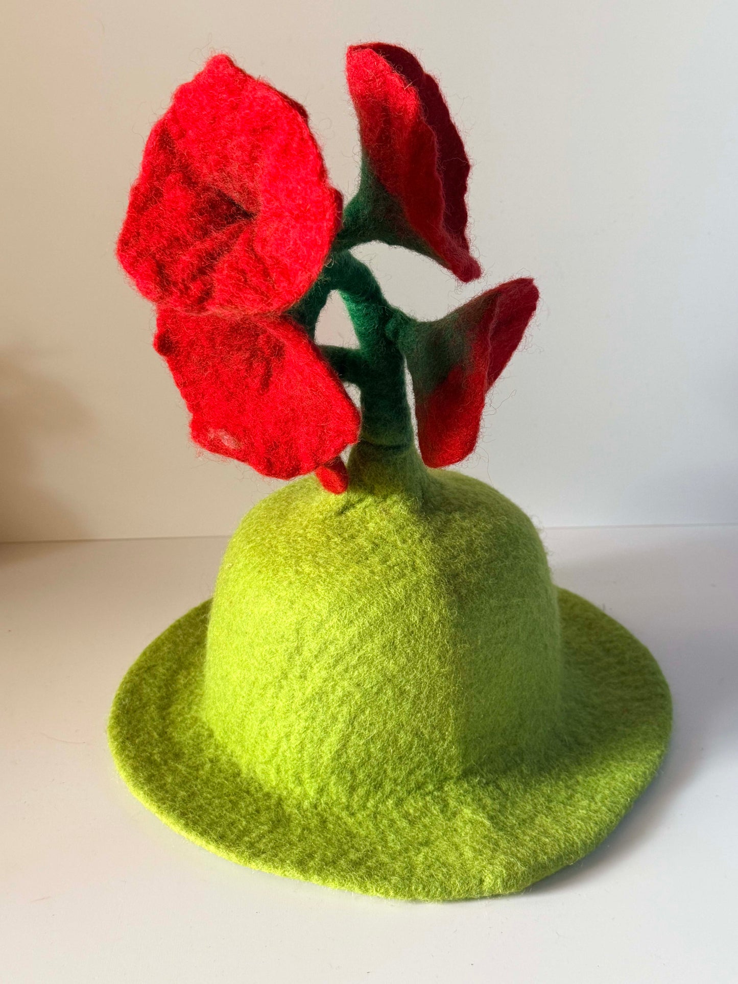 Vintage 1960s Lime Green Wool Felt Hat Red Poppy Flowers Mod Sculptural Statement Hat Mid Century Millinery