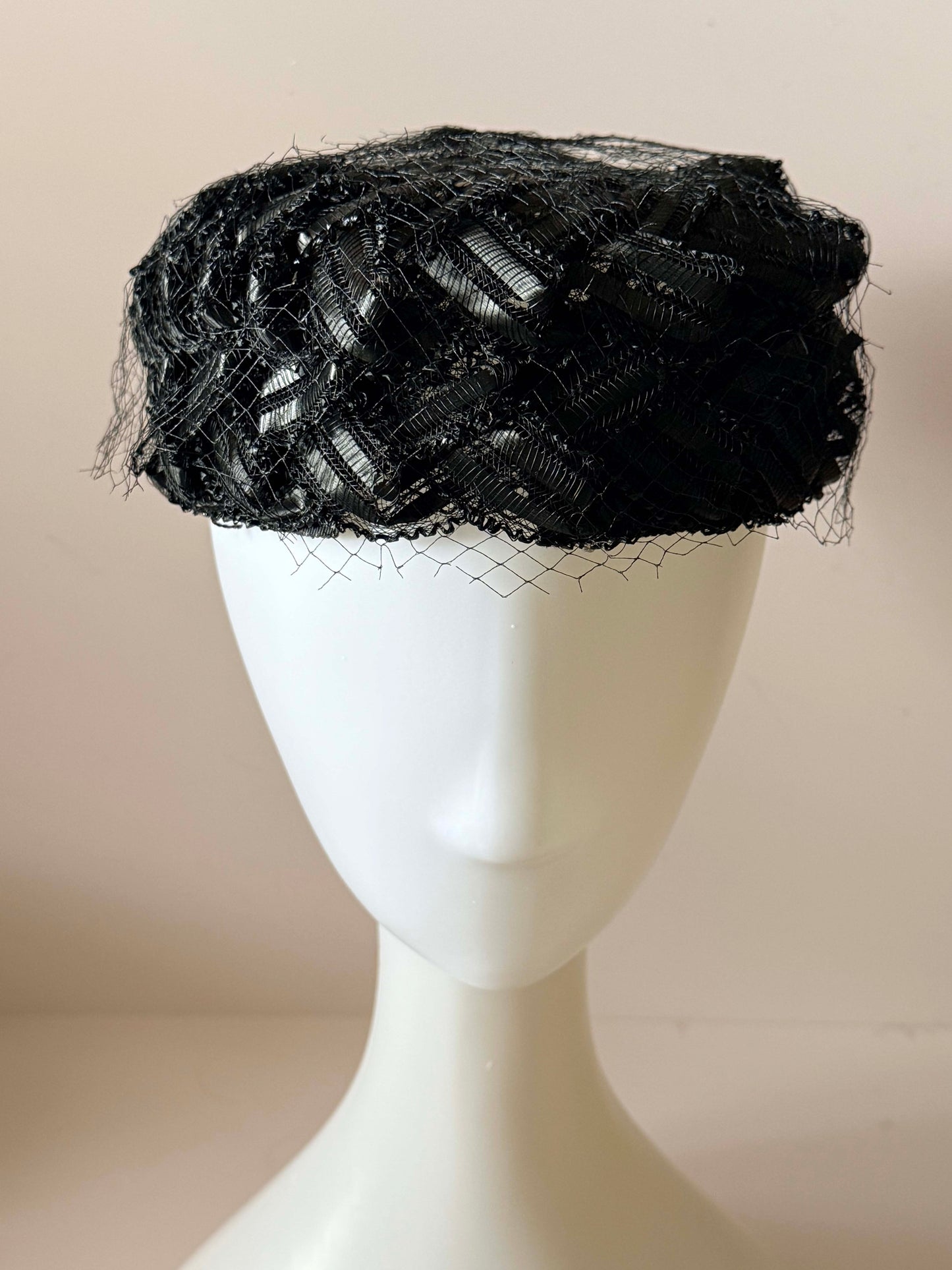 Vintage 1950s Black Raffia Straw Cocktail Hat Netting Pillbox Fascinator Mid Century Woven Evening Hat