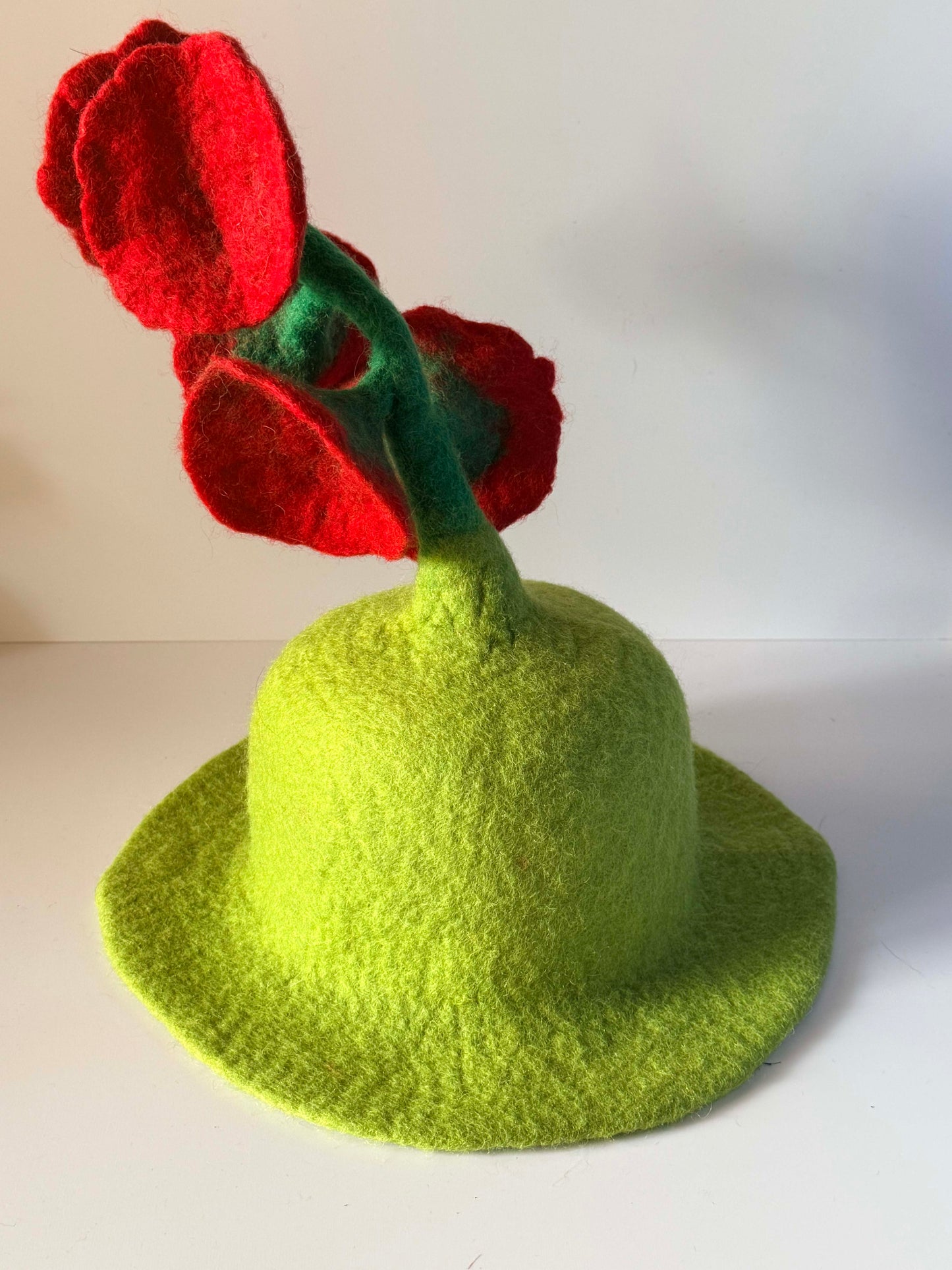 Vintage 1960s Lime Green Wool Felt Hat Red Poppy Flowers Mod Sculptural Statement Hat Mid Century Millinery