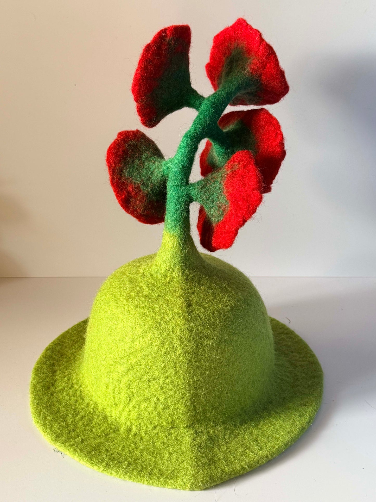Vintage 1960s Lime Green Wool Felt Hat Red Poppy Flowers Mod Sculptural Statement Hat Mid Century Millinery