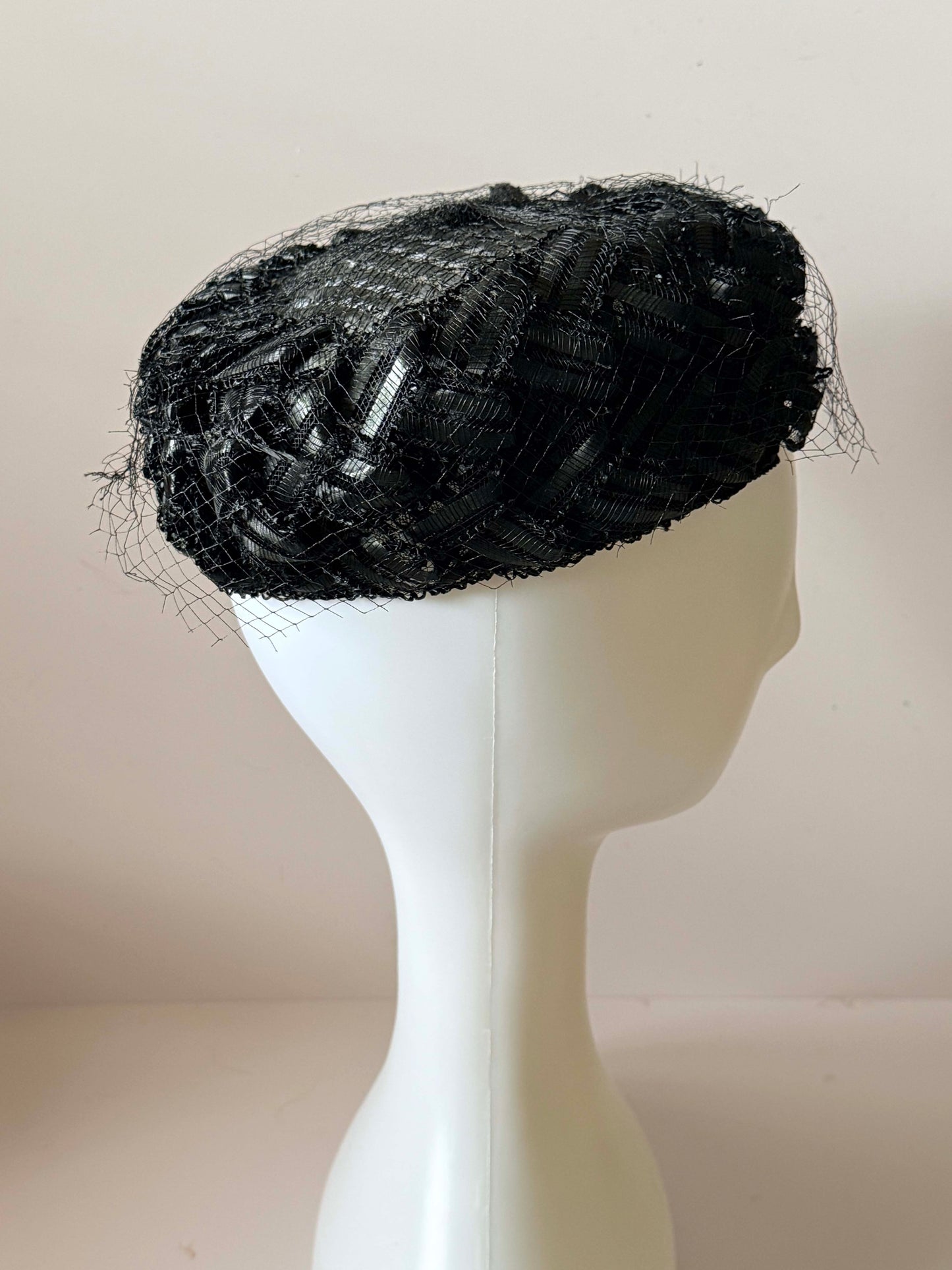 Vintage 1950s Black Raffia Straw Cocktail Hat Netting Pillbox Fascinator Mid Century Woven Evening Hat
