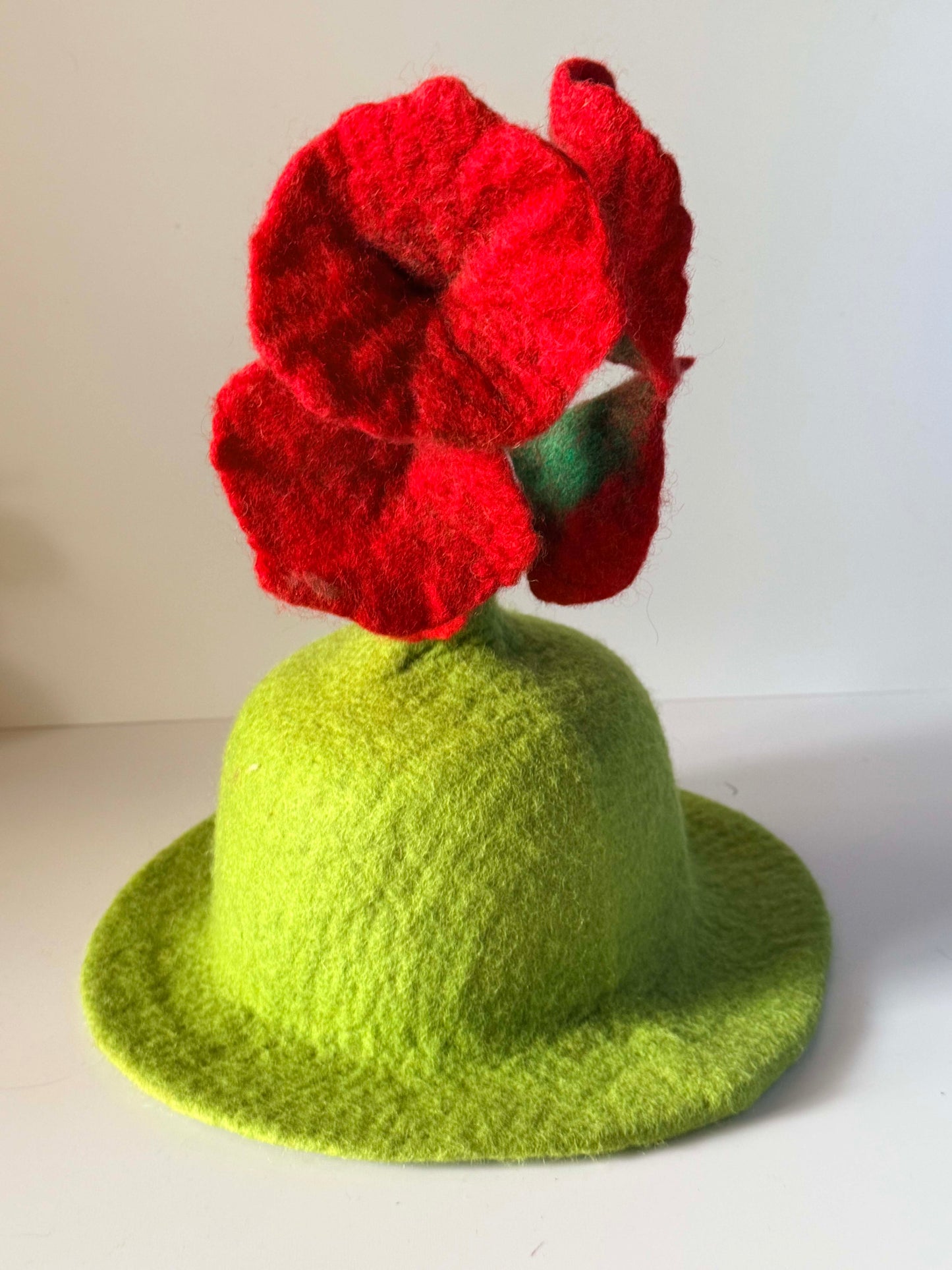 Vintage 1960s Lime Green Wool Felt Hat Red Poppy Flowers Mod Sculptural Statement Hat Mid Century Millinery