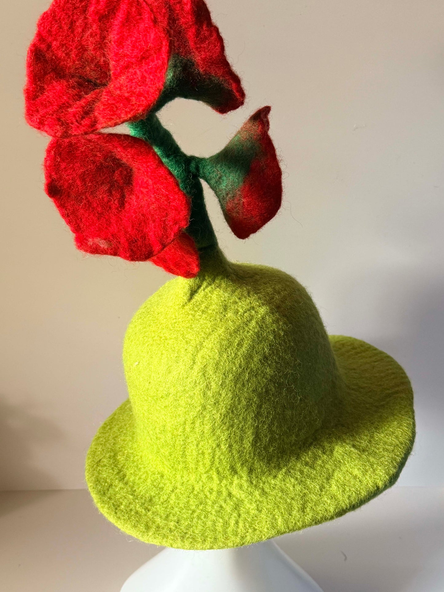 Vintage 1960s Lime Green Wool Felt Hat Red Poppy Flowers Mod Sculptural Statement Hat Mid Century Millinery