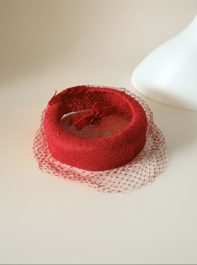 Vintage 1950s Red Halo Hat Veil Satin Bow Fascinator Hat Romantic Cocktail Bridal Headpiece