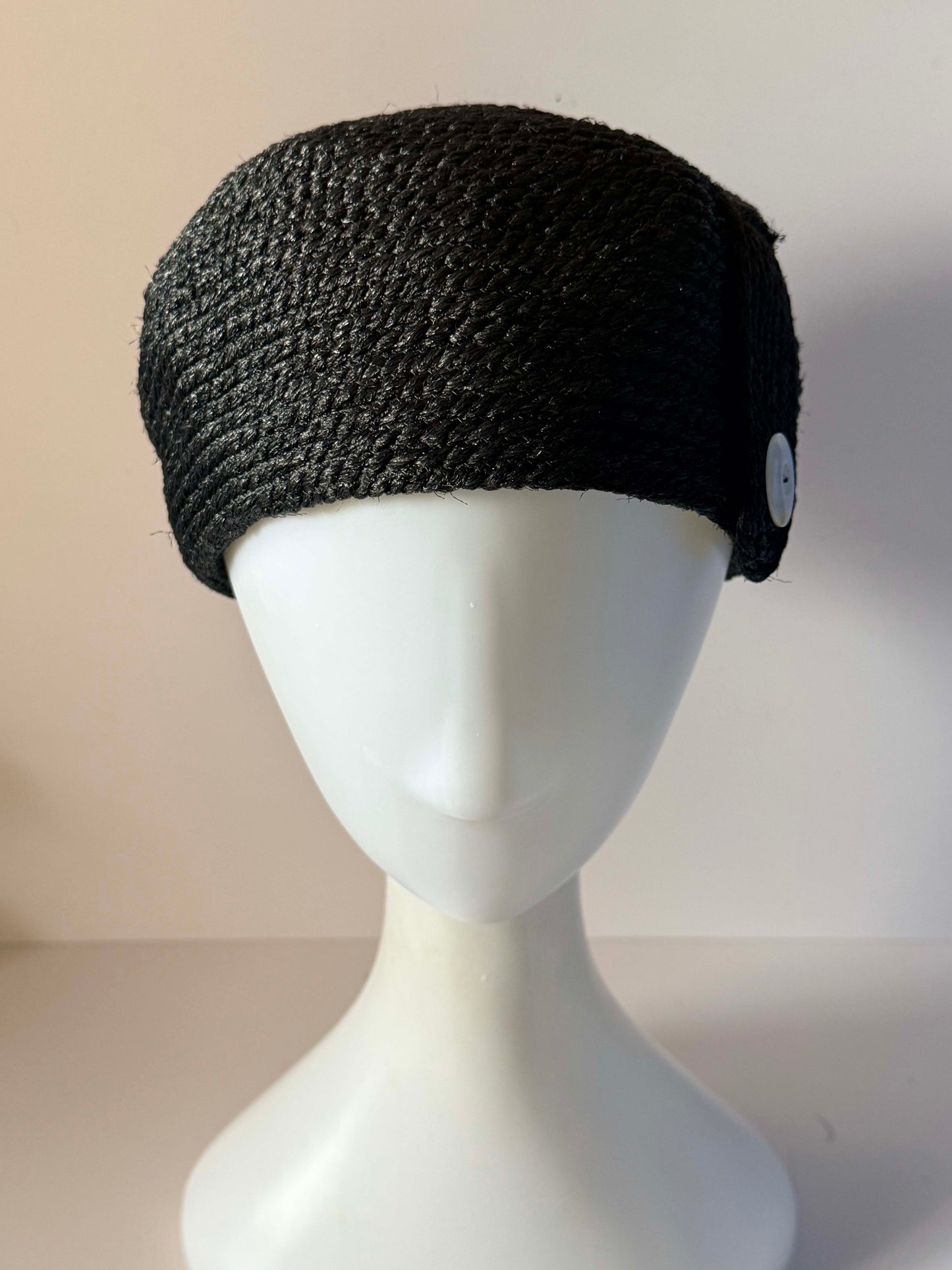Vintage 1960s Everitt Inky Black Braided Fiber Pillbox Hat White Button Accent Women's Mod Millinery