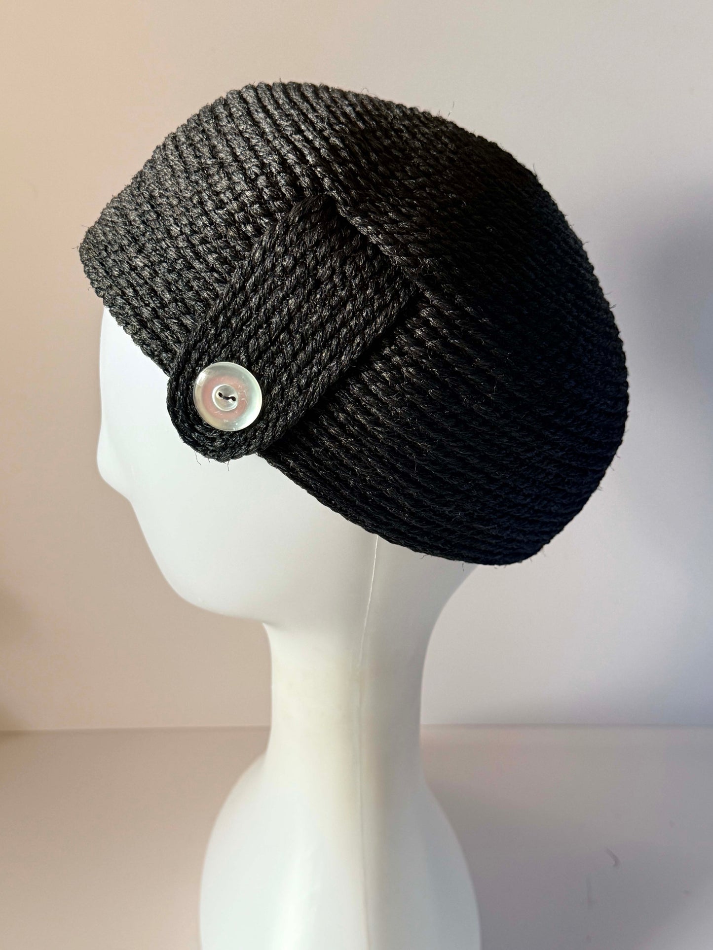Vintage 1960s Everitt Inky Black Braided Fiber Pillbox Hat White Button Accent Women's Mod Millinery