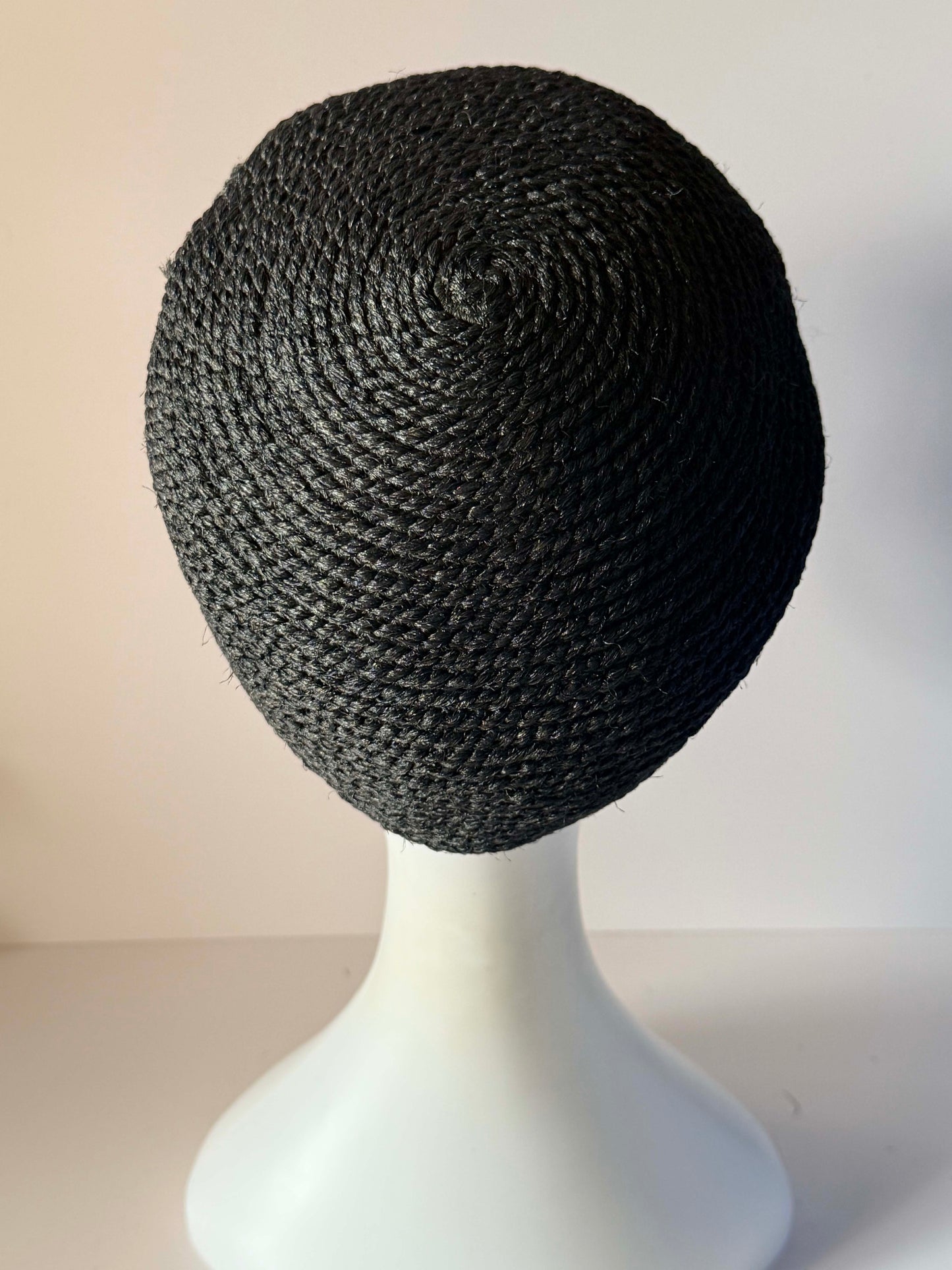 Vintage 1960s Everitt Inky Black Braided Fiber Pillbox Hat White Button Accent Women's Mod Millinery