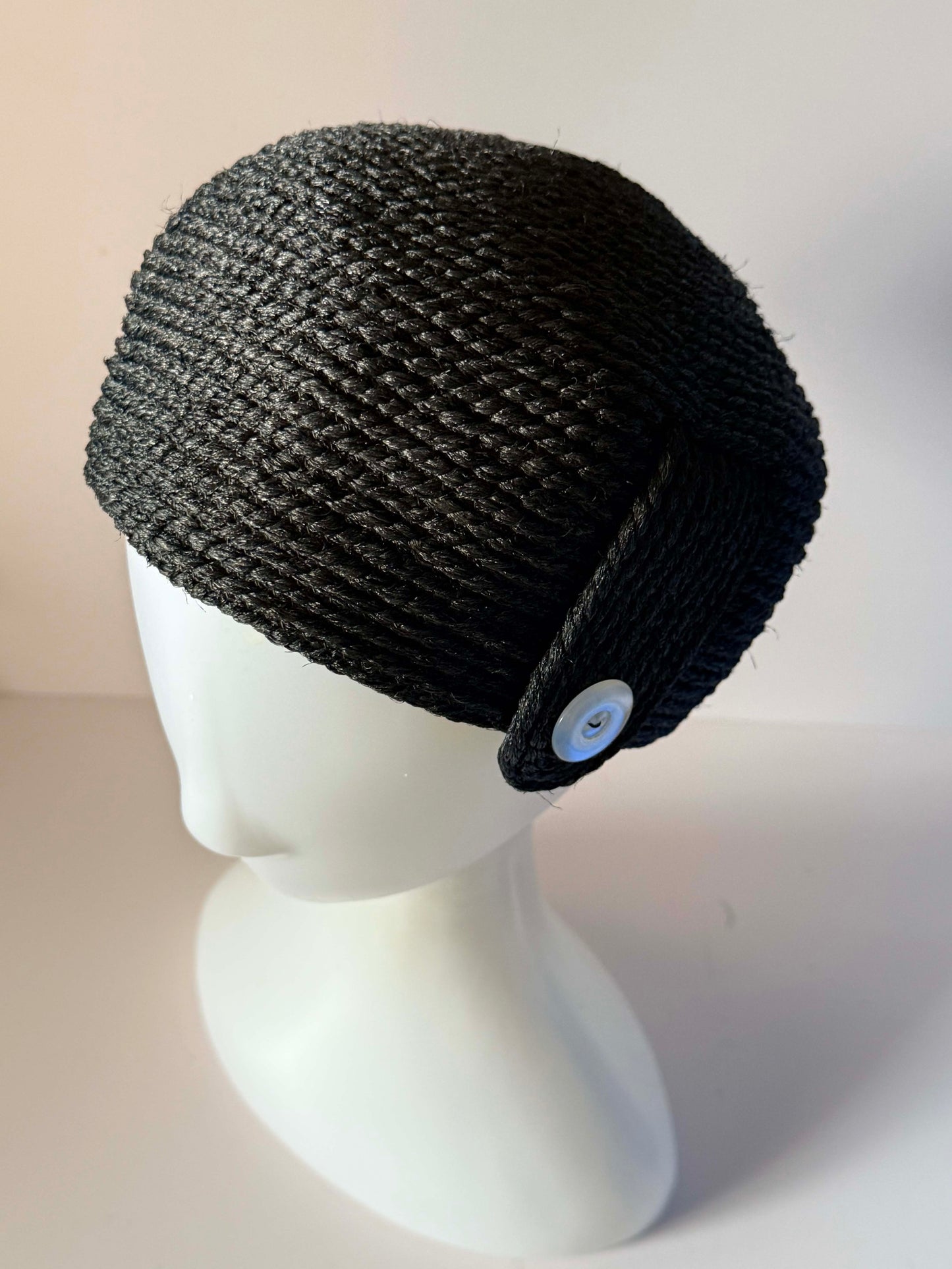 Vintage 1960s Everitt Inky Black Braided Fiber Pillbox Hat White Button Accent Women's Mod Millinery
