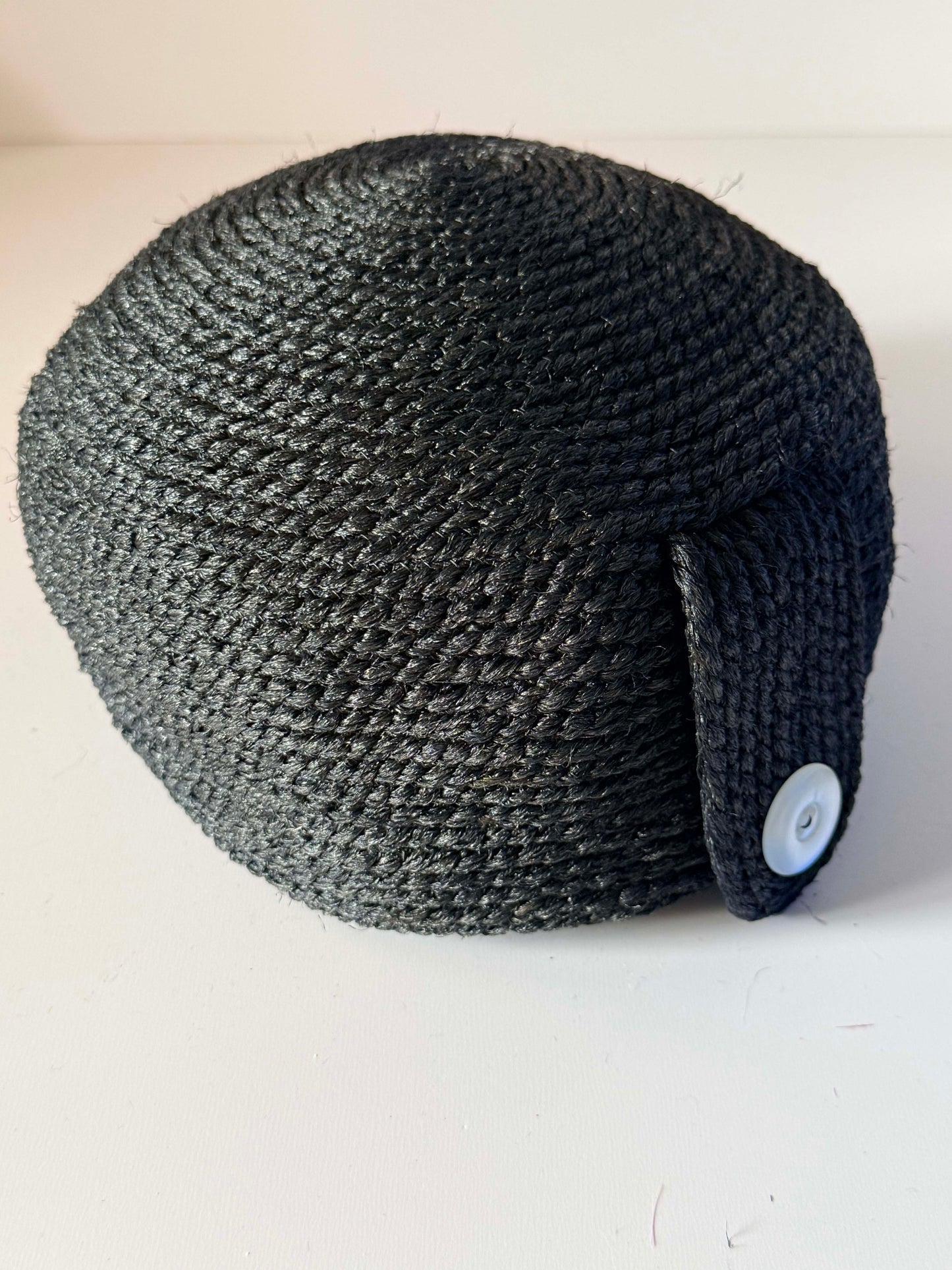 Vintage 1960s Everitt Inky Black Braided Fiber Pillbox Hat White Button Accent Women's Mod Millinery