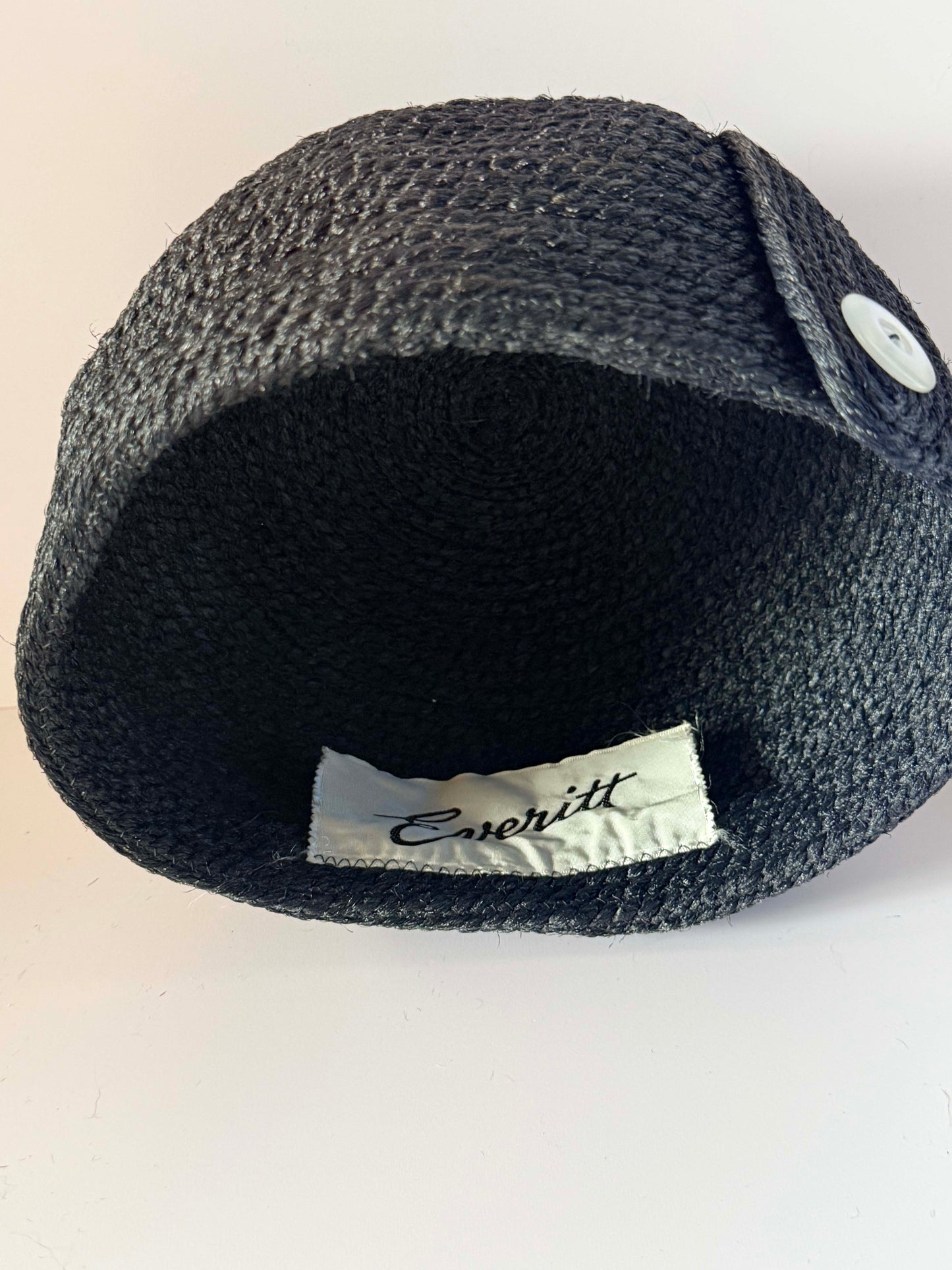 Vintage 1960s Everitt Inky Black Braided Fiber Pillbox Hat White Button Accent Women's Mod Millinery