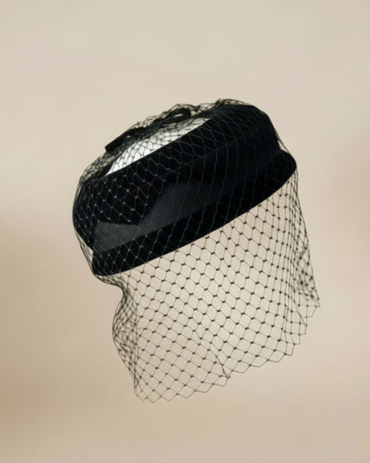 Vintage 1950s Black Velvet Halo Hat Open Crown Veiled Cocktail Hat Netting Mid Century Fascinator