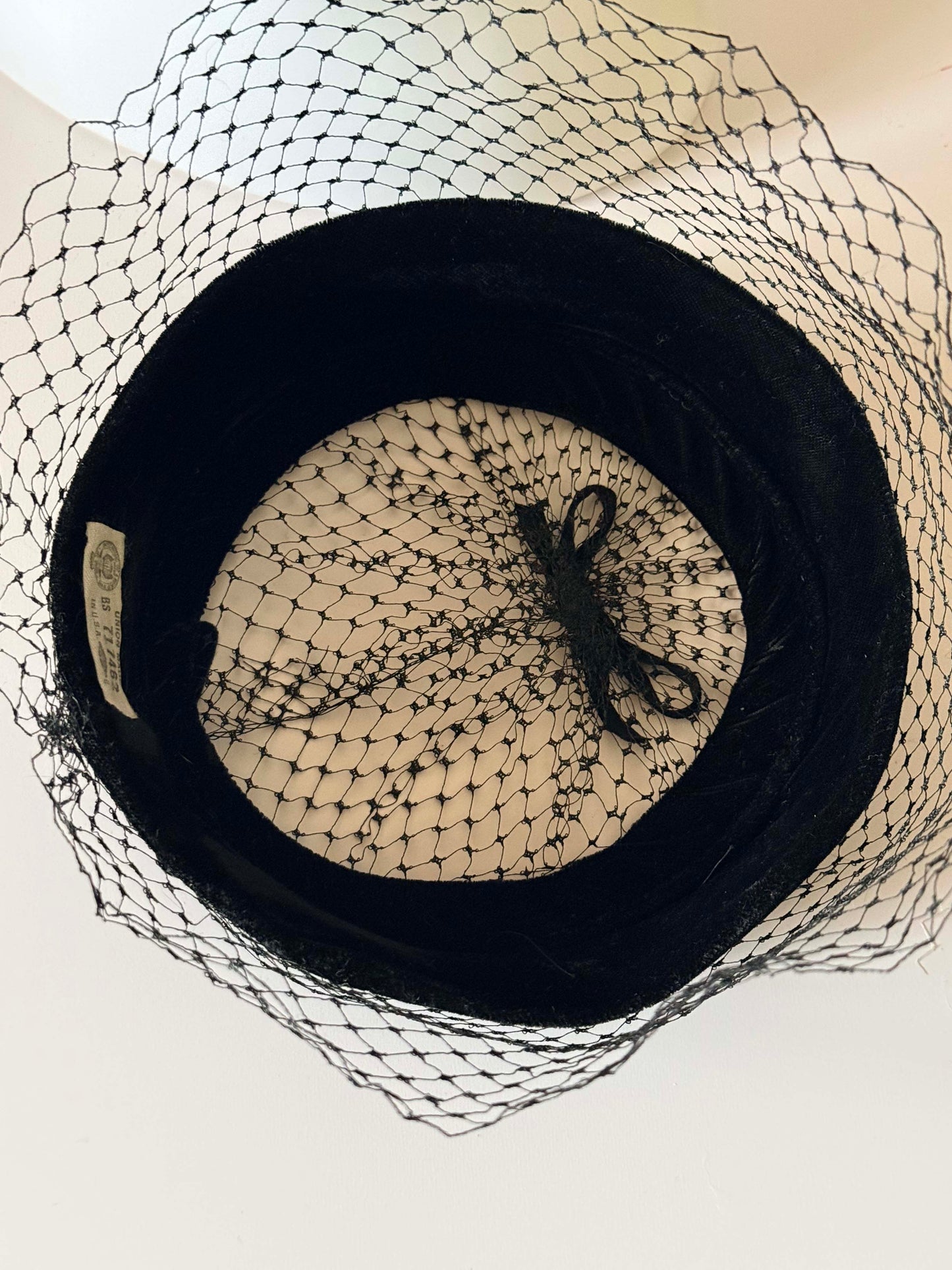 Vintage 1950s Black Velvet Halo Hat Open Crown Veiled Cocktail Hat Netting Mid Century Fascinator