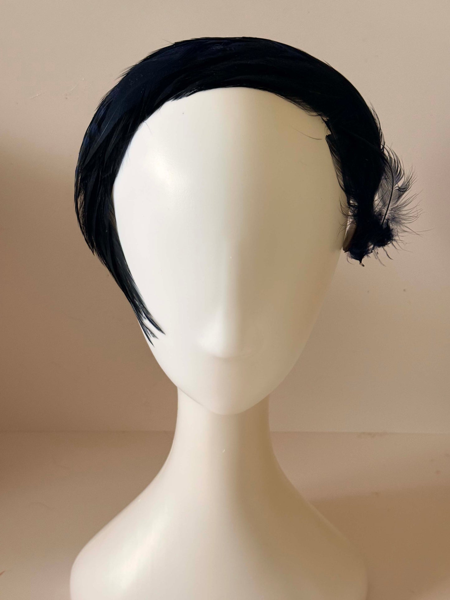 Vintage 1950s Navy Blue & Black Feather Fascinator Halo Headpiece Sculptural Feather Headband Updo Bun Cover
