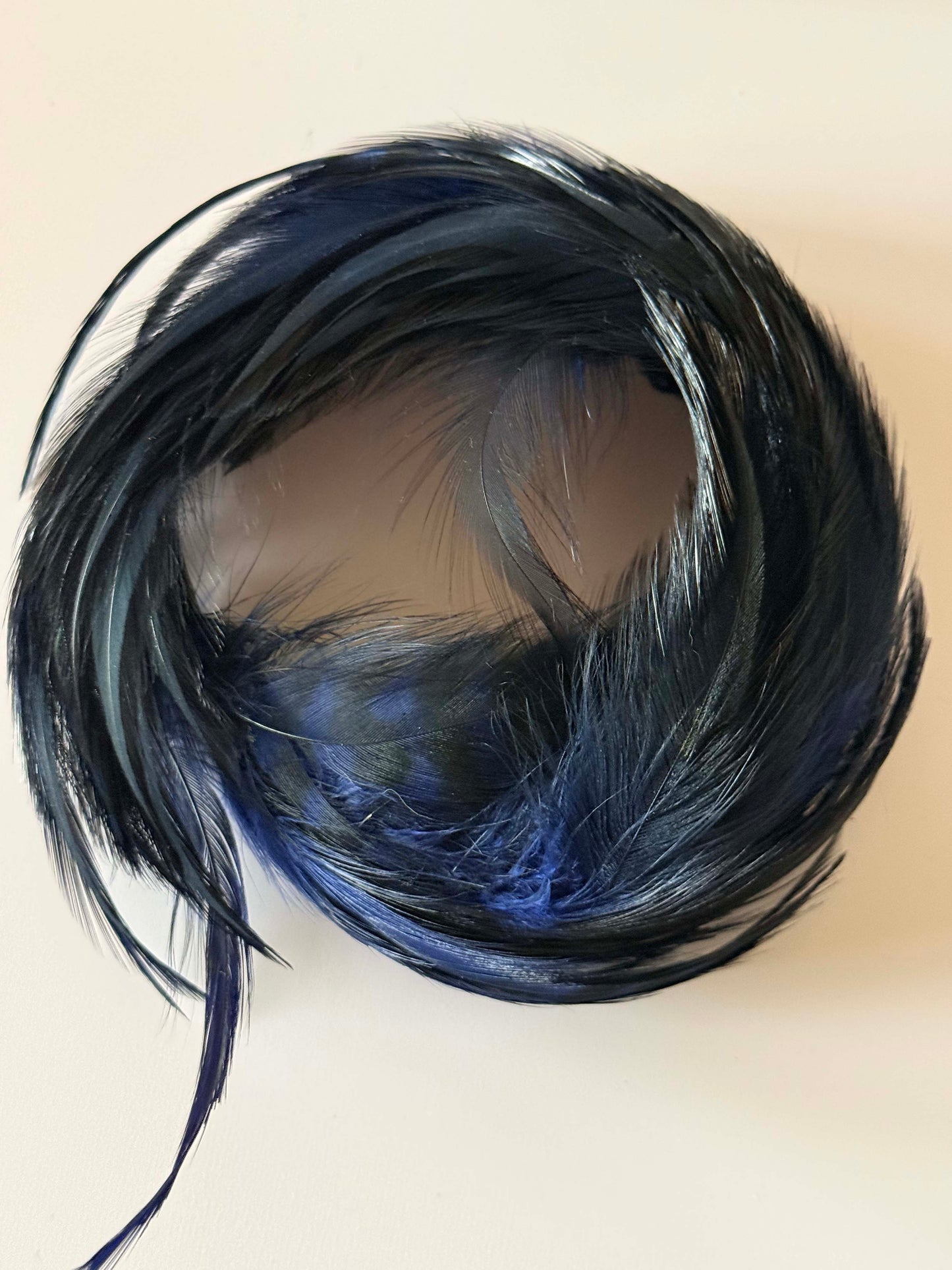 Vintage 1950s Navy Blue & Black Feather Fascinator Halo Headpiece Sculptural Feather Headband Updo Bun Cover