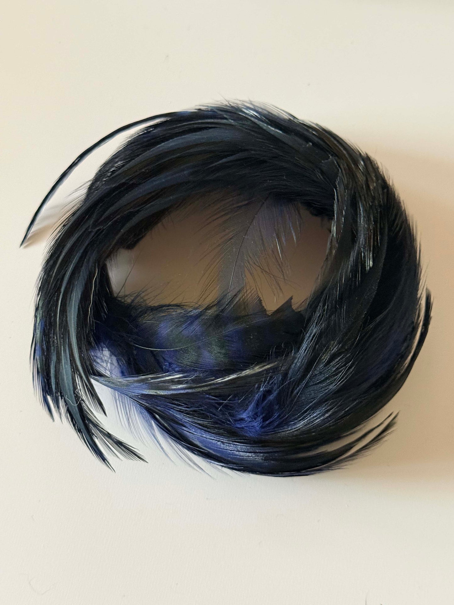 Vintage 1950s Navy Blue & Black Feather Fascinator Halo Headpiece Sculptural Feather Headband Updo Bun Cover