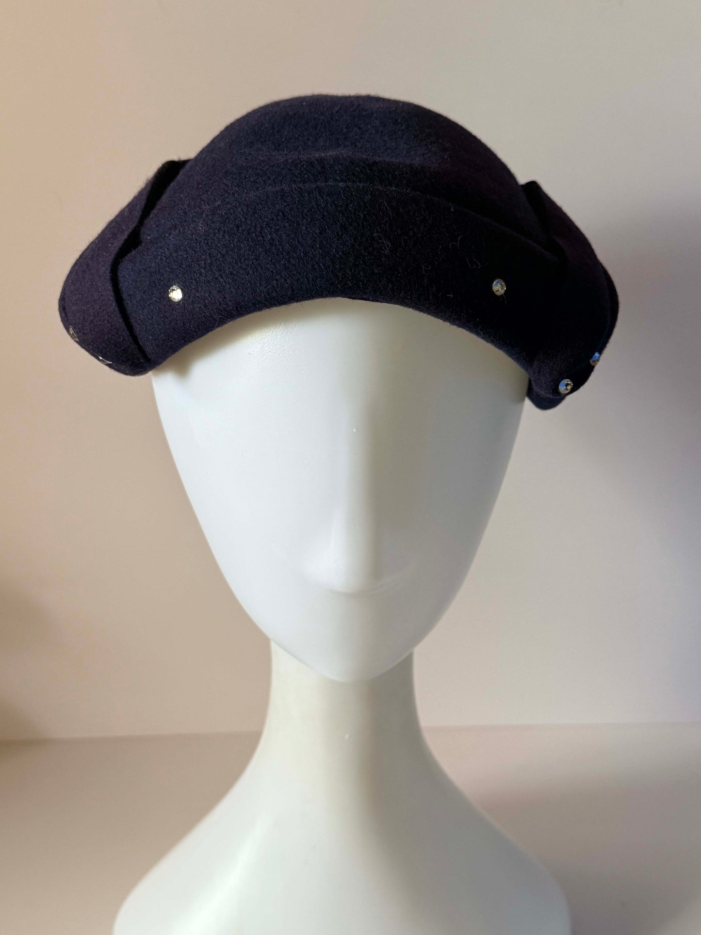 Vintage 1950s Inky Navy Felt Hat Sculptural Folded Brim Rhinestone Trim Women's Mid Century Formal Millinery
