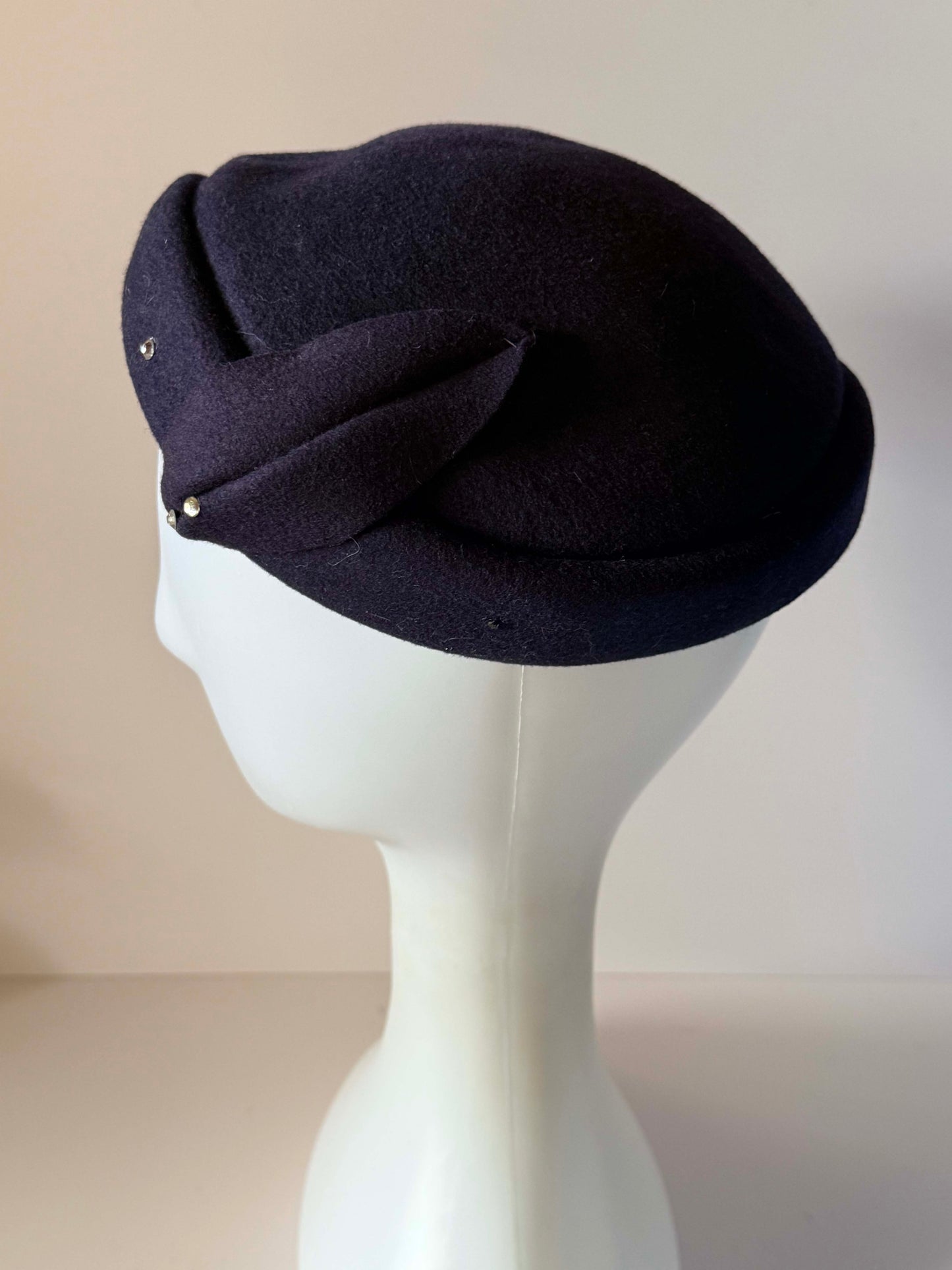 Vintage 1950s Inky Navy Felt Hat Sculptural Folded Brim Rhinestone Trim Women's Mid Century Formal Millinery