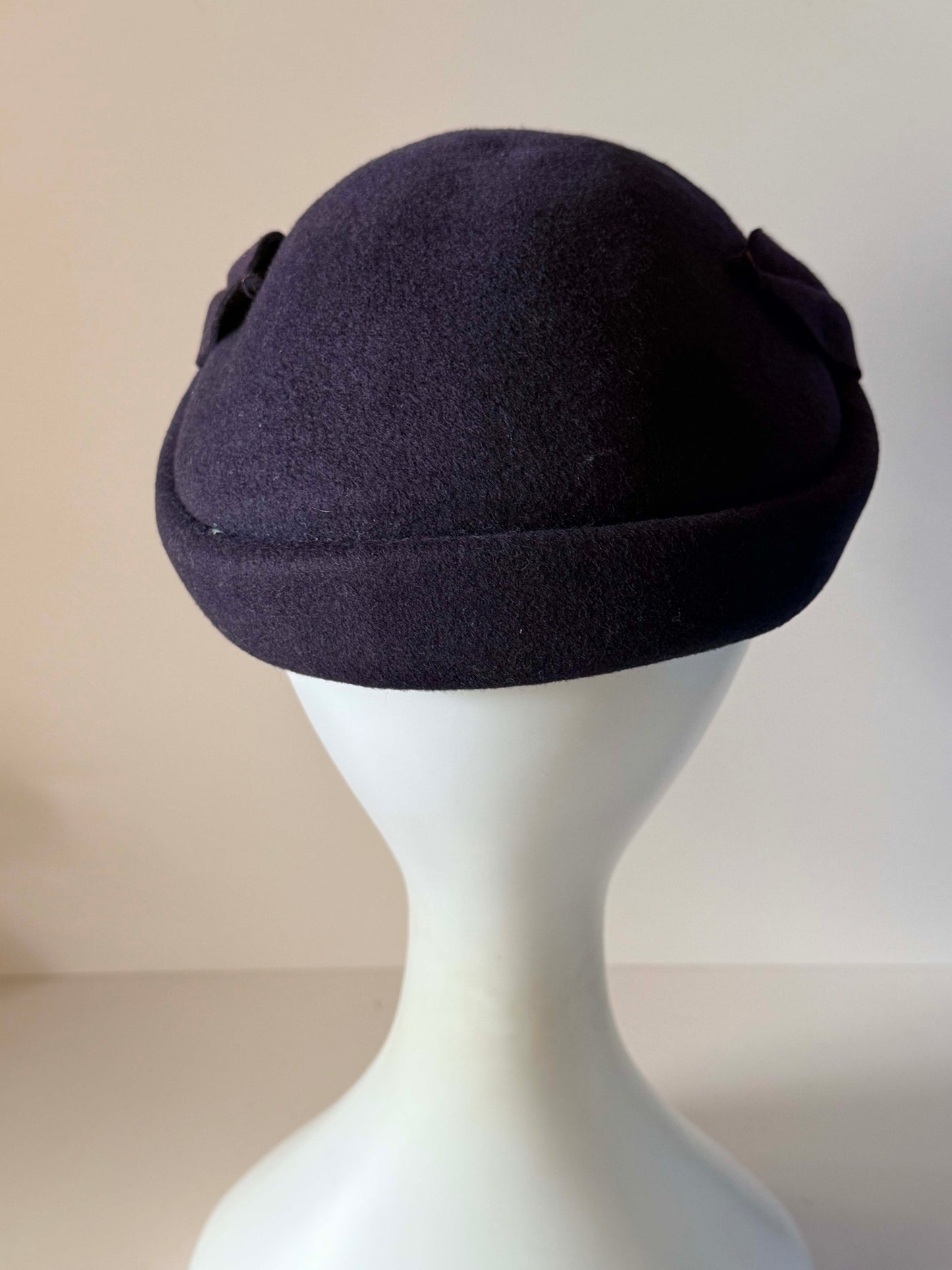 Vintage 1950s Inky Navy Felt Hat Sculptural Folded Brim Rhinestone Trim Women's Mid Century Formal Millinery