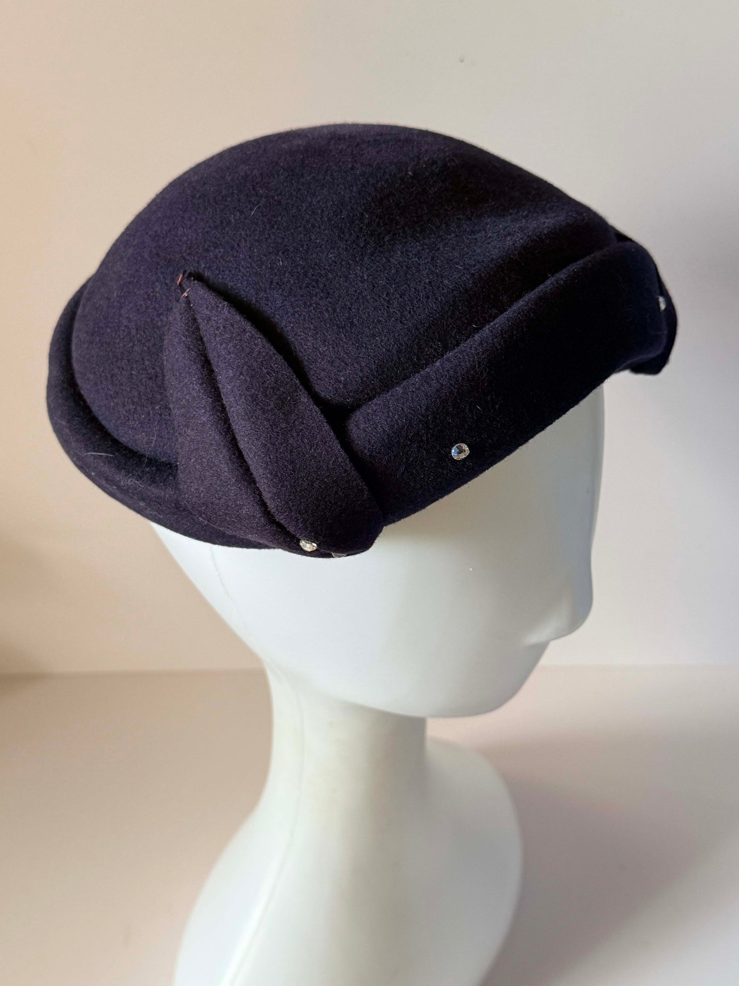 Vintage 1950s Inky Navy Felt Hat Sculptural Folded Brim Rhinestone Trim Women's Mid Century Formal Millinery