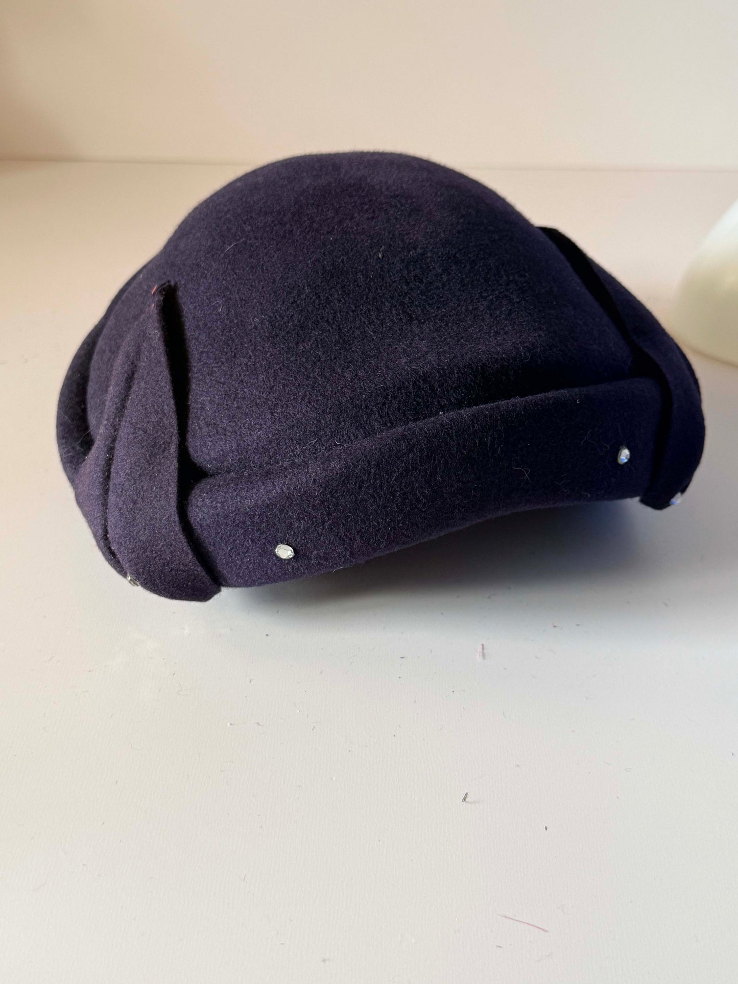 Vintage 1950s Inky Navy Felt Hat Sculptural Folded Brim Rhinestone Trim Women's Mid Century Formal Millinery
