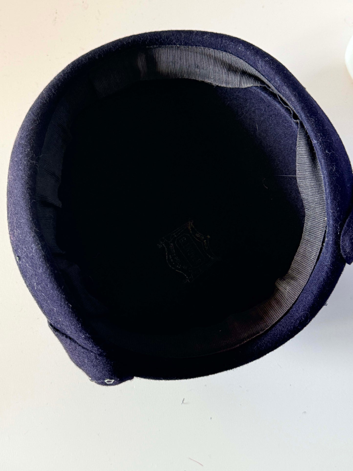 Vintage 1950s Inky Navy Felt Hat Sculptural Folded Brim Rhinestone Trim Women's Mid Century Formal Millinery