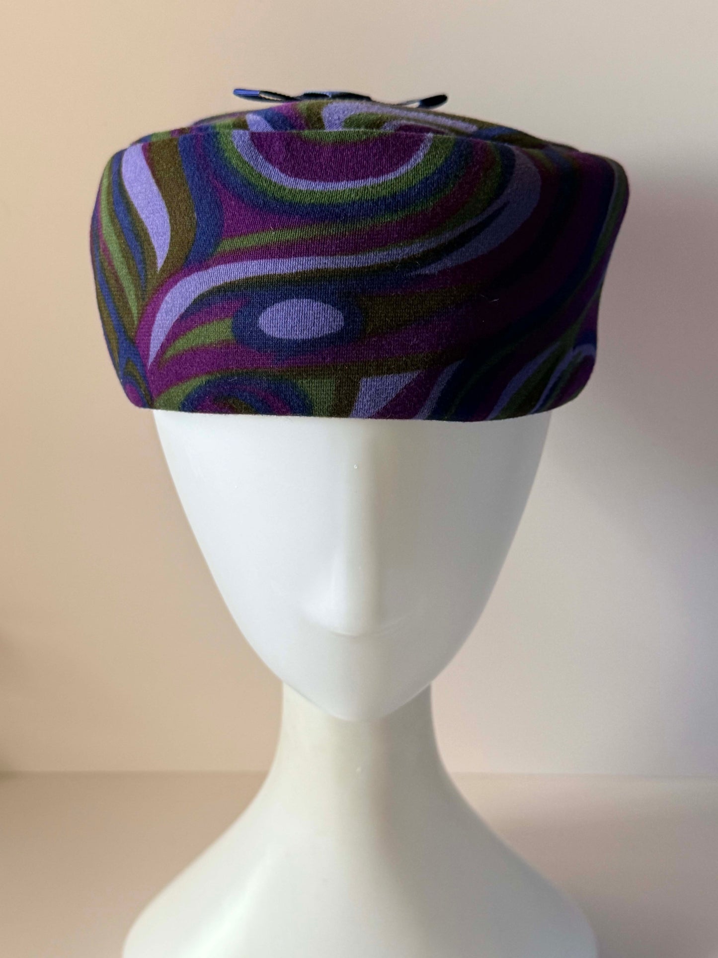 Vintage 1960s Psychedelic Pillbox Hat Purple Green Blue Mod Swirl Print Mid Century Women's Hat