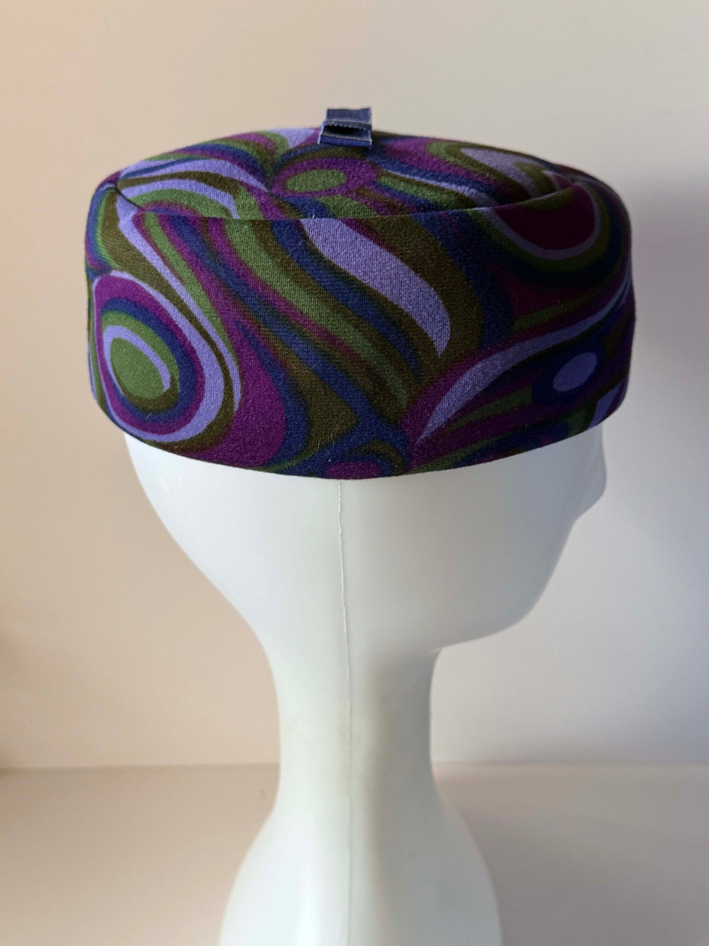 Vintage 1960s Psychedelic Pillbox Hat Purple Green Blue Mod Swirl Print Mid Century Women's Hat