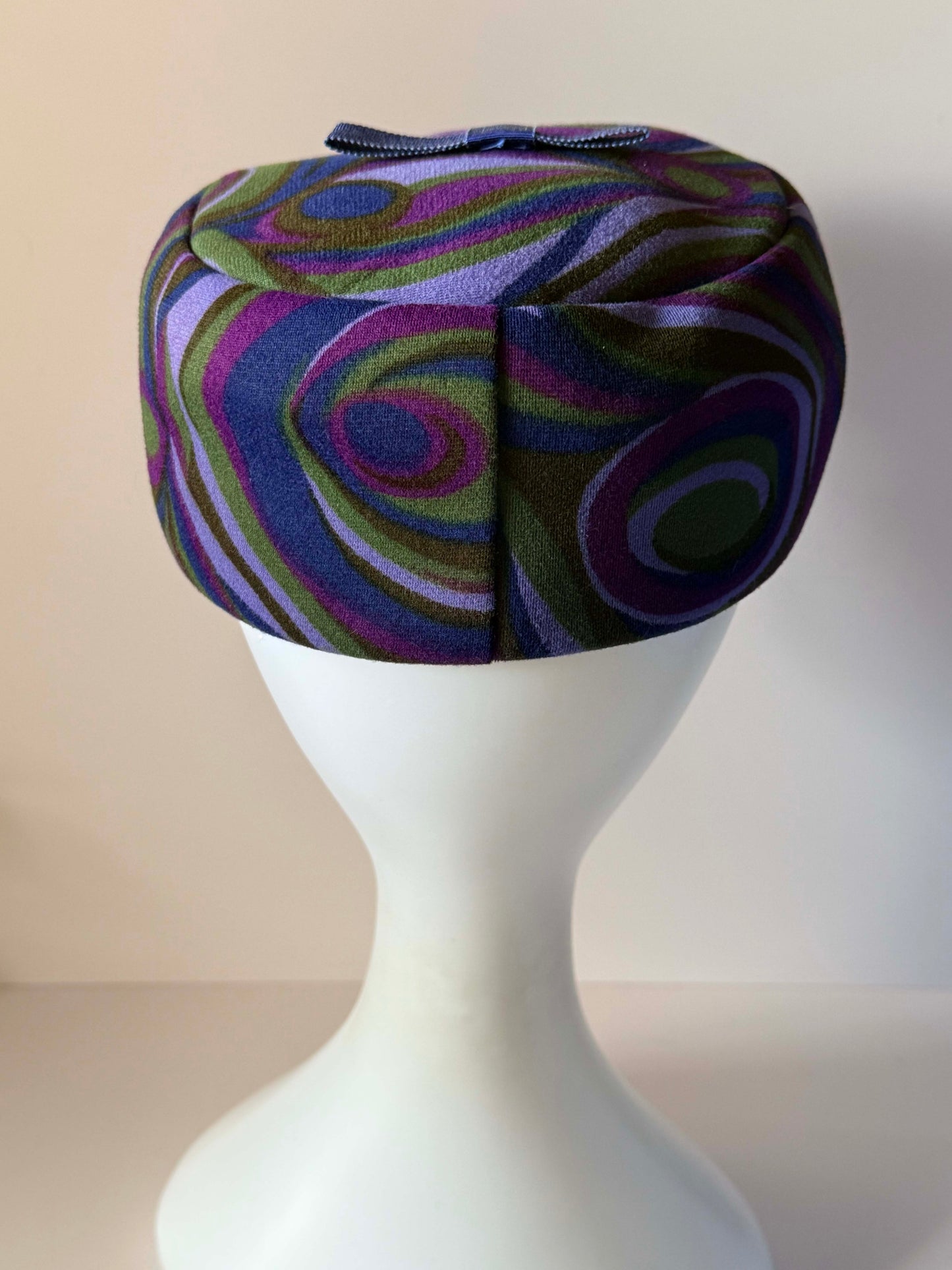 Vintage 1960s Psychedelic Pillbox Hat Purple Green Blue Mod Swirl Print Mid Century Women's Hat