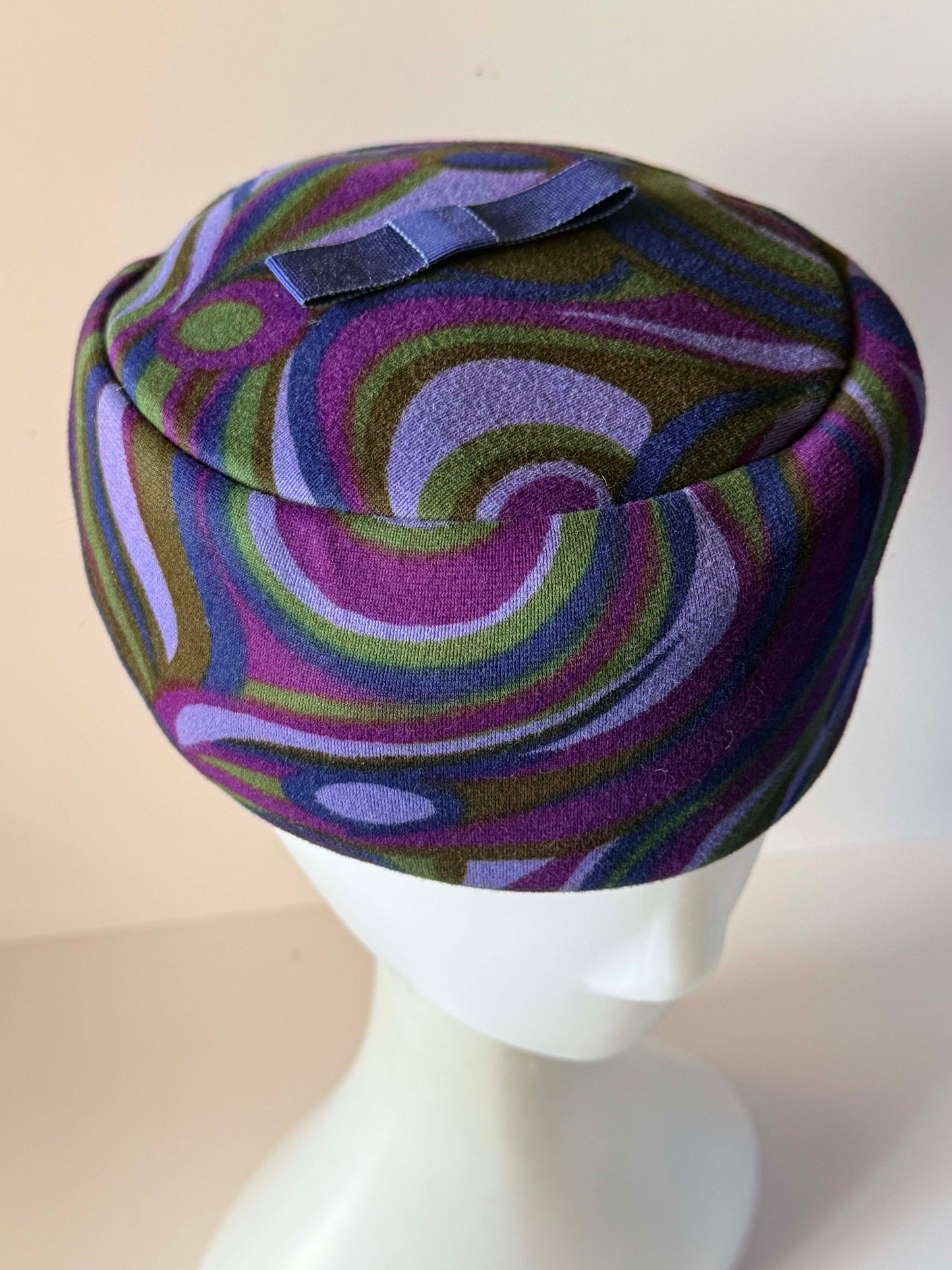 Vintage 1960s Psychedelic Pillbox Hat Purple Green Blue Mod Swirl Print Mid Century Women's Hat