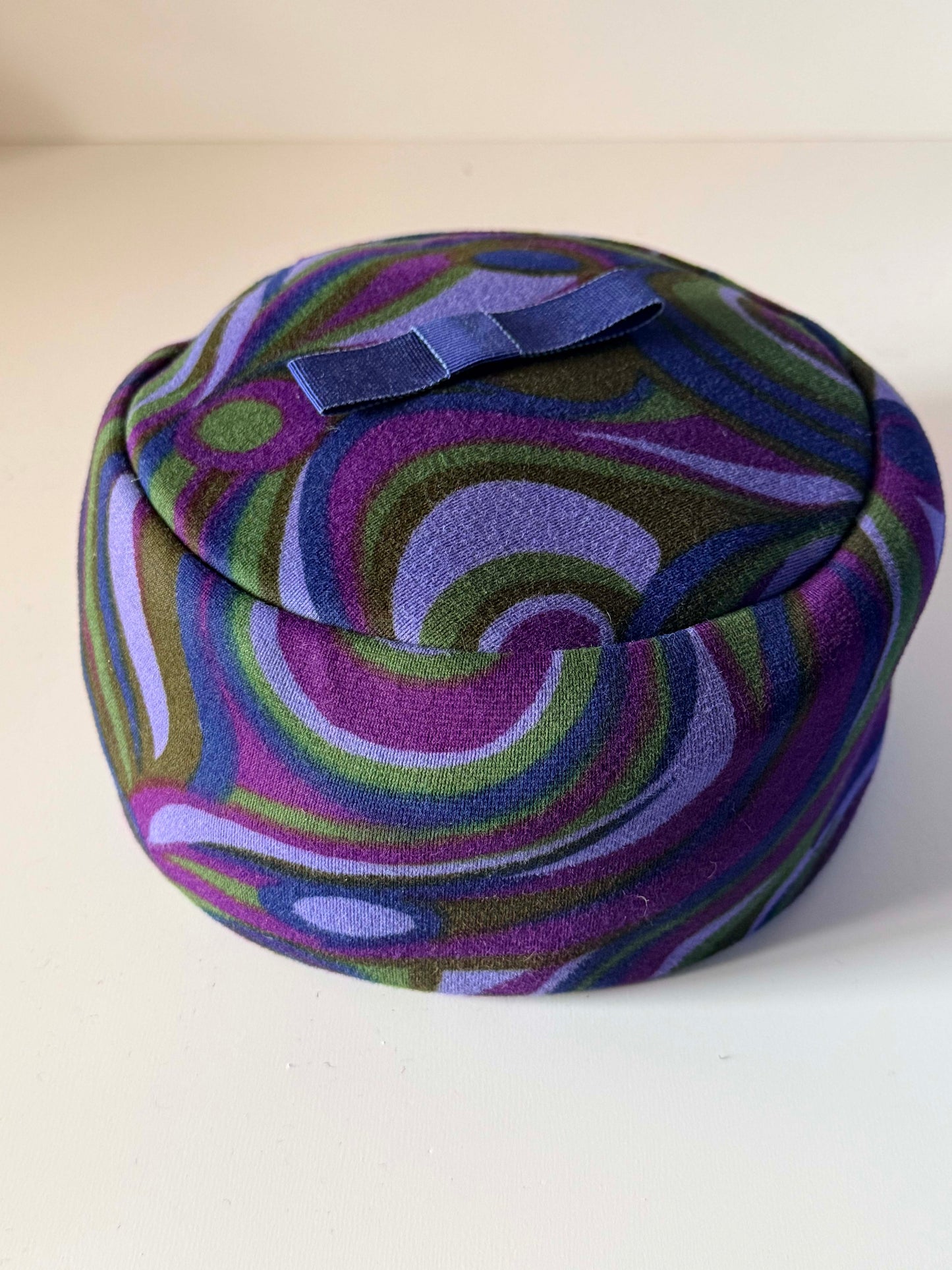 Vintage 1960s Psychedelic Pillbox Hat Purple Green Blue Mod Swirl Print Mid Century Women's Hat