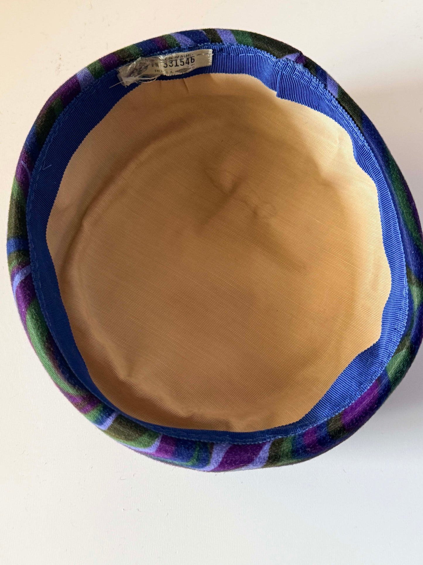 Vintage 1960s Psychedelic Pillbox Hat Purple Green Blue Mod Swirl Print Mid Century Women's Hat