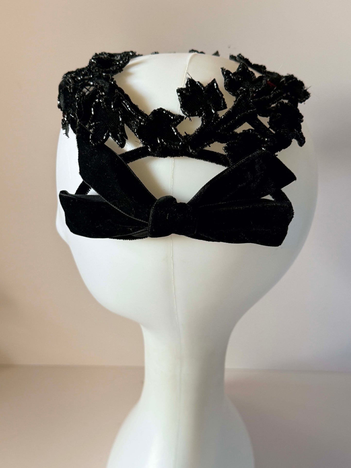 Vintage 1940s Black Open Crown Hat Beaded Leaf Vine Velvet Bow Cocktail Hat Women's Evening Millinery