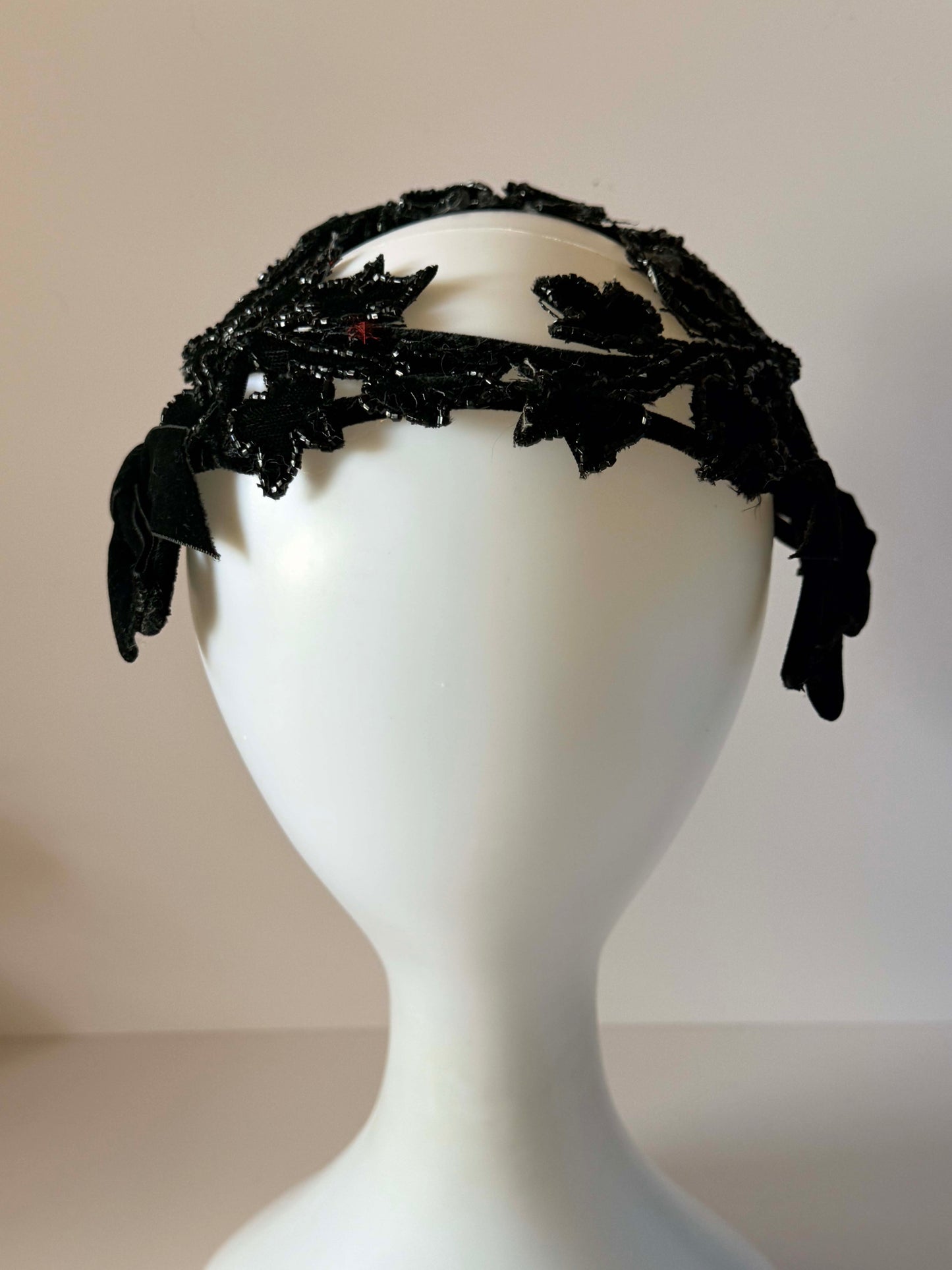 Vintage 1940s Black Open Crown Hat Beaded Leaf Vine Velvet Bow Cocktail Hat Women's Evening Millinery