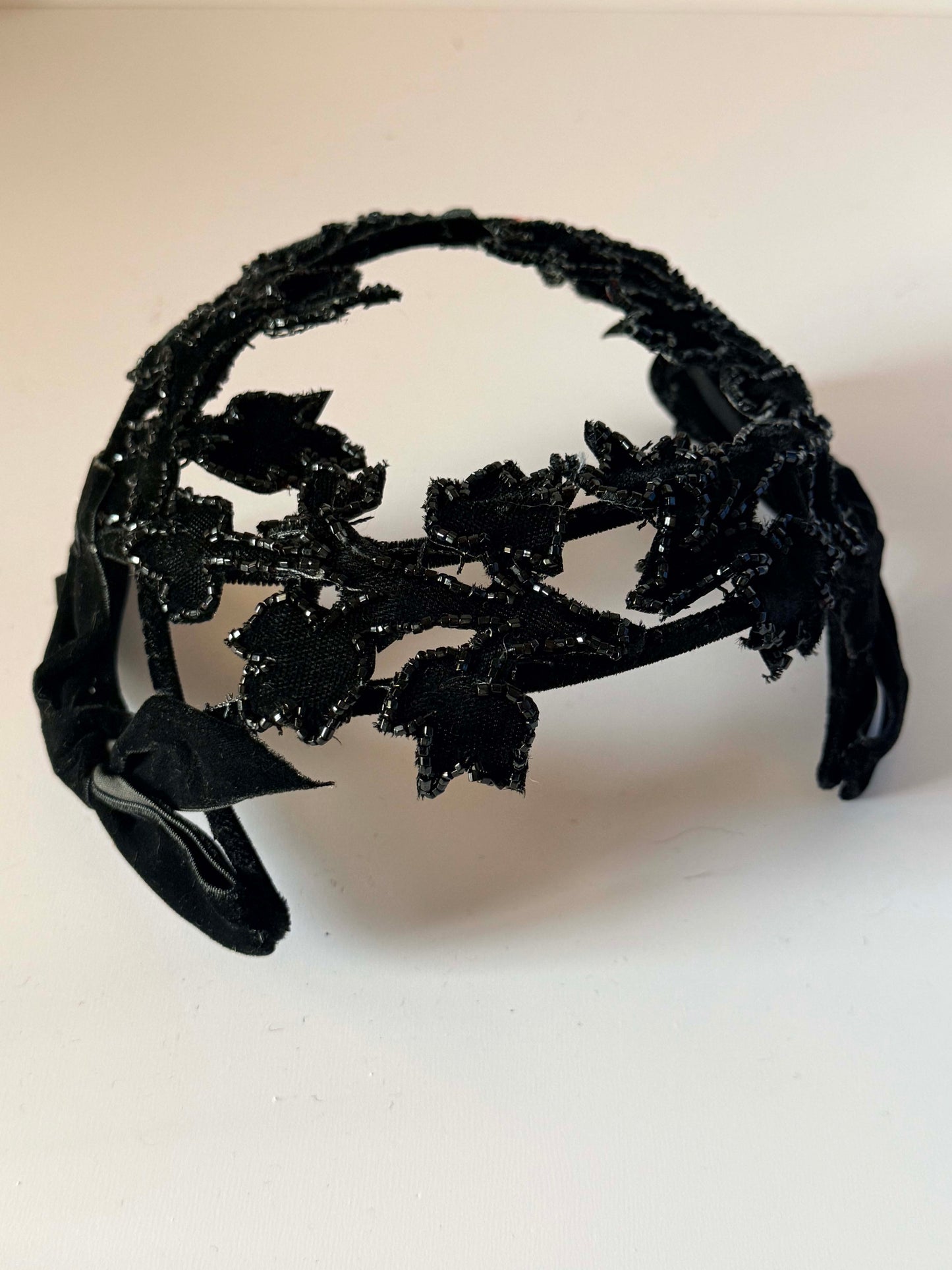 Vintage 1940s Black Open Crown Hat Beaded Leaf Vine Velvet Bow Cocktail Hat Women's Evening Millinery