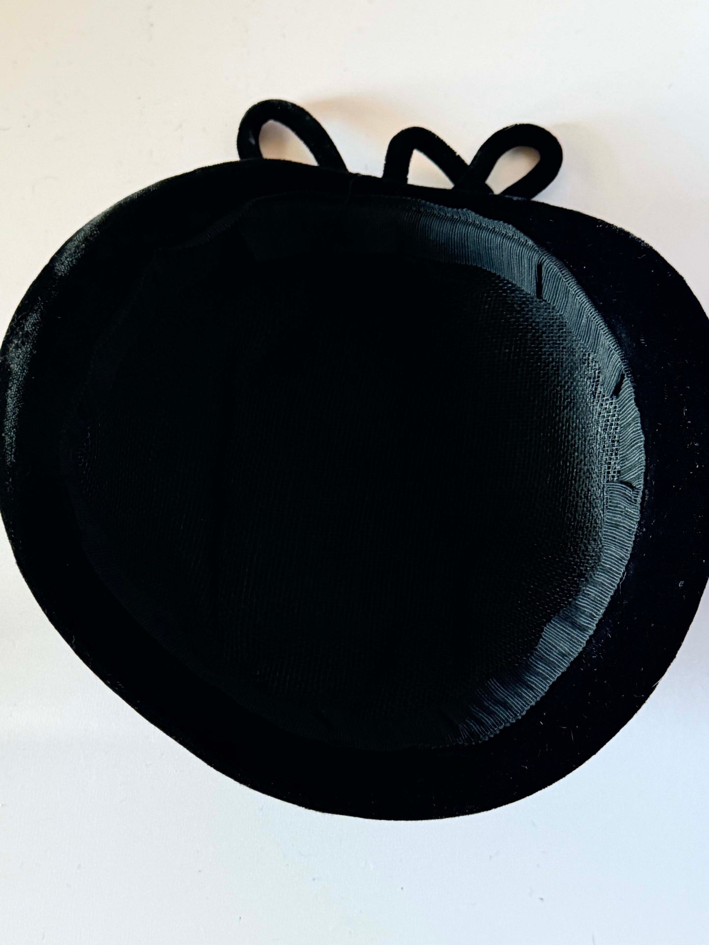 Vintage 1950s Black Velvet Cloche Hat Soutache Braid Trim Sculptural Bow Women's Mid Century Formal Millinery