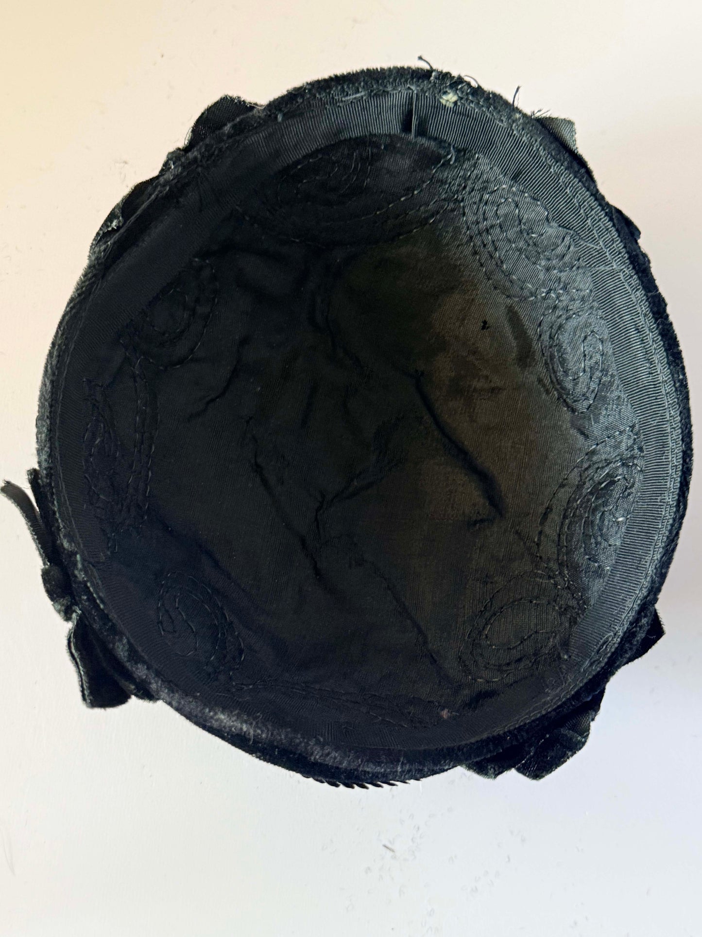 Vintage 1940s Black Velvet Calot Hat Black Sequin Scroll Embroidery Velvet Bow Trim Women's Evening Cocktail Millinery