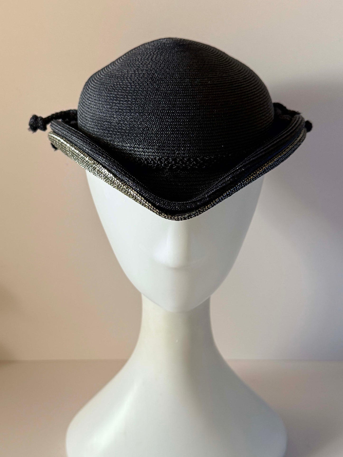 Vintage 1960s Janet Dark Navy Silver Straw Hat Metallic Brim Sculptural Mod Space Age Women's Designer Millinery
