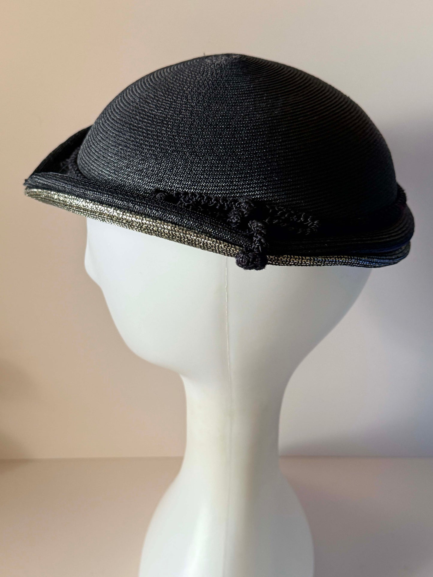 Vintage 1960s Janet Dark Navy Silver Straw Hat Metallic Brim Sculptural Mod Space Age Women's Designer Millinery