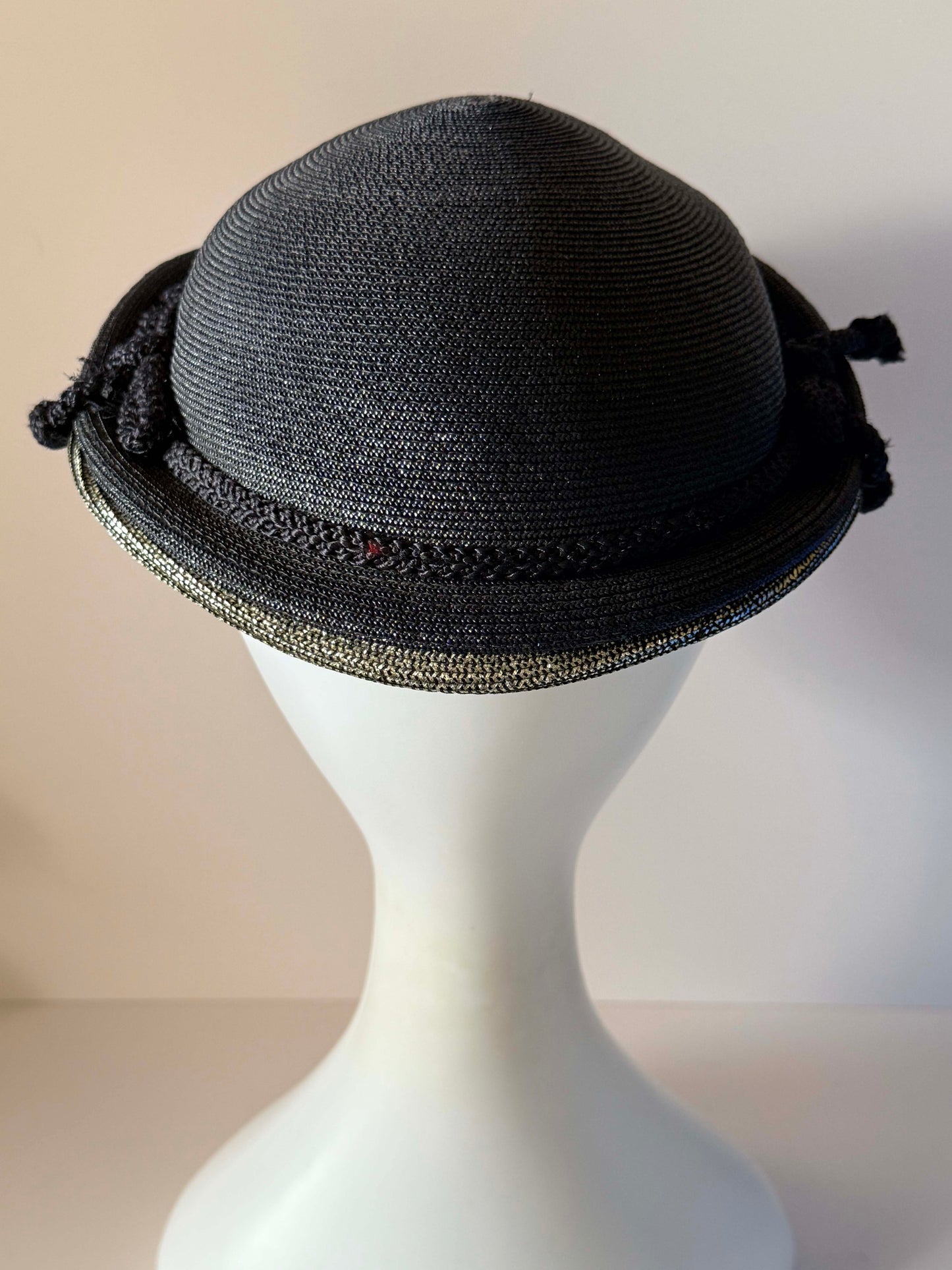 Vintage 1960s Janet Dark Navy Silver Straw Hat Metallic Brim Sculptural Mod Space Age Women's Designer Millinery