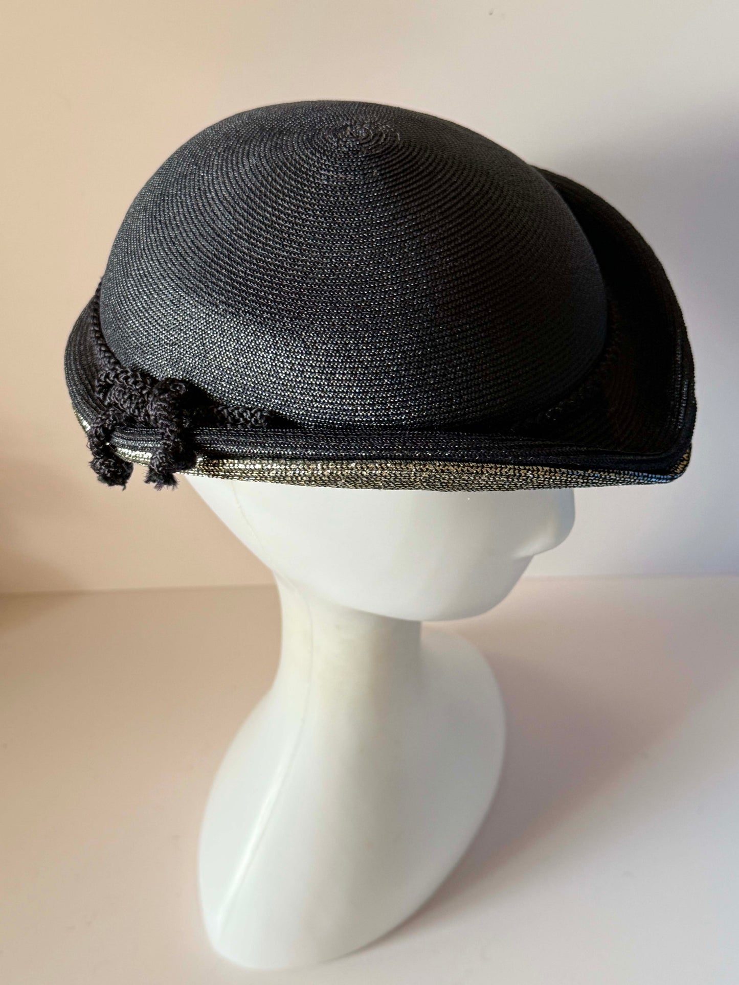 Vintage 1960s Janet Dark Navy Silver Straw Hat Metallic Brim Sculptural Mod Space Age Women's Designer Millinery