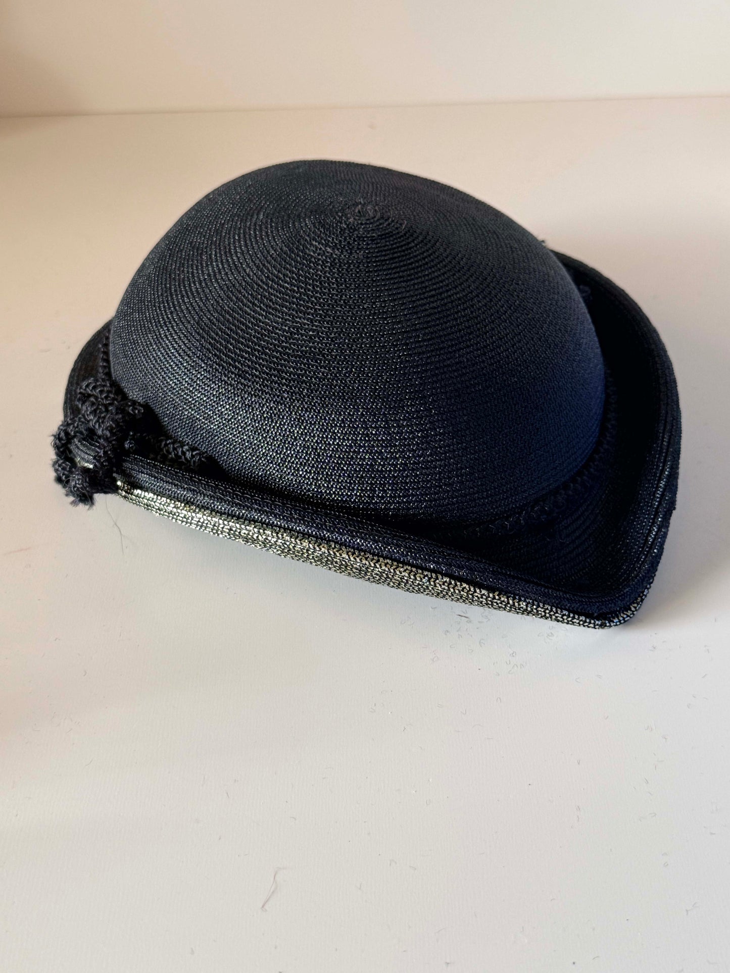 Vintage 1960s Janet Dark Navy Silver Straw Hat Metallic Brim Sculptural Mod Space Age Women's Designer Millinery