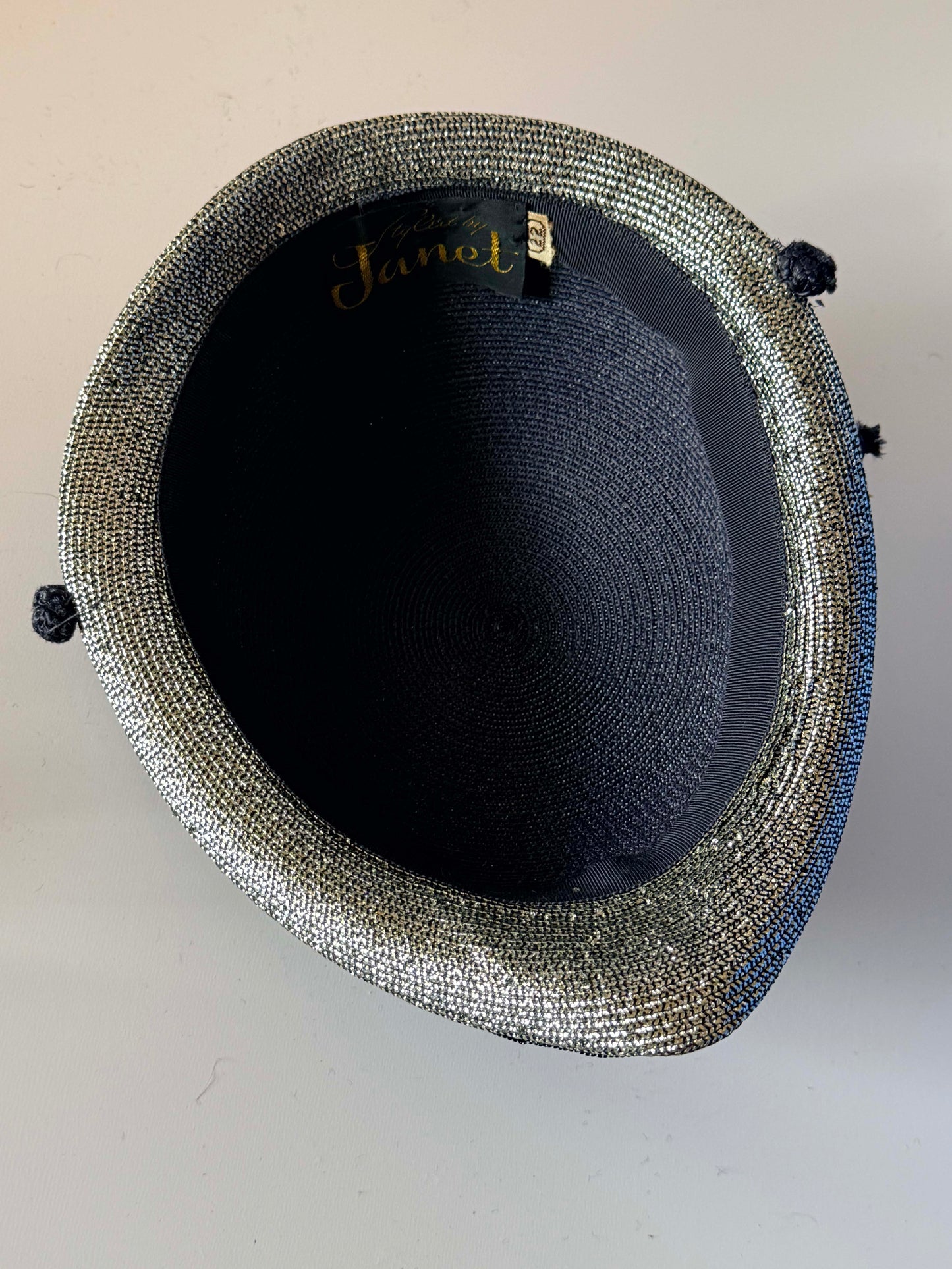 Vintage 1960s Janet Dark Navy Silver Straw Hat Metallic Brim Sculptural Mod Space Age Women's Designer Millinery
