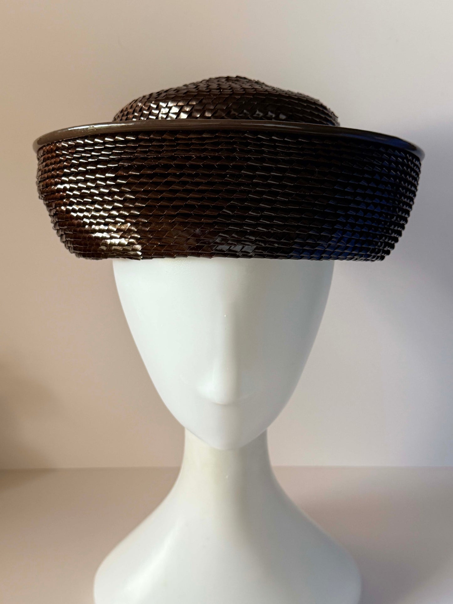 Vintage 1960s Dark Brown Woven Straw Breton Hat Deep Upturned Brim Women's Mod Mid Century Millinery