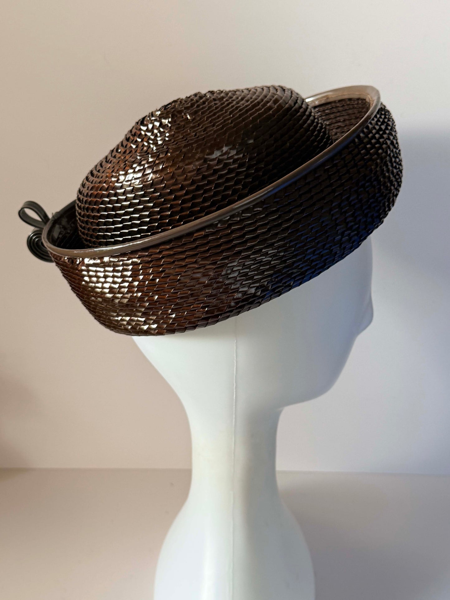 Vintage 1960s Dark Brown Woven Straw Breton Hat Deep Upturned Brim Women's Mod Mid Century Millinery